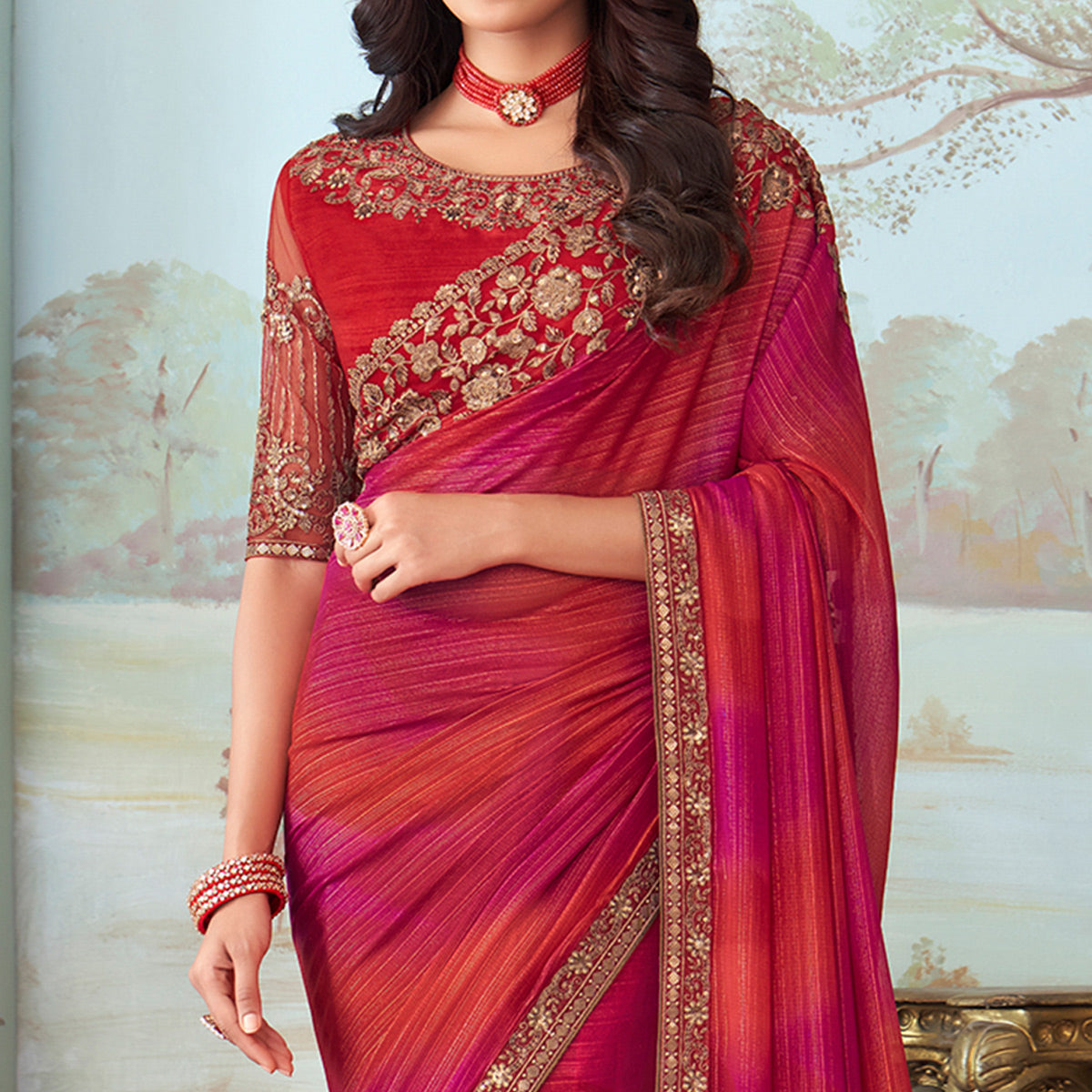 Red & Pink Sequins Embroidered Georgette Saree