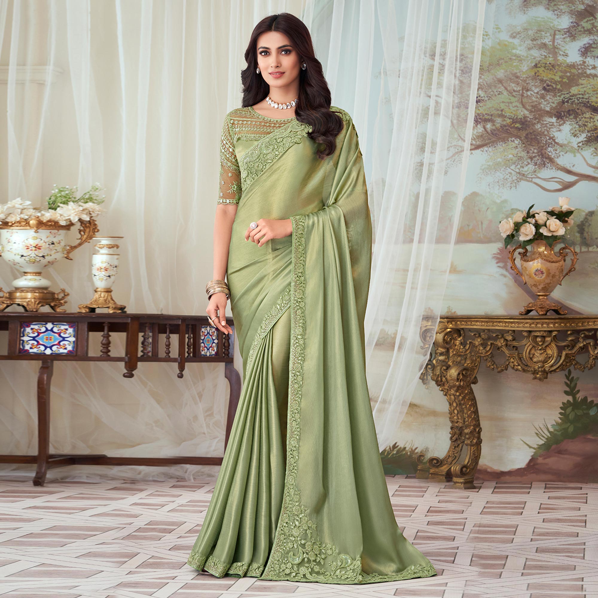 Pista Green Sequins Embroidered Satin Saree