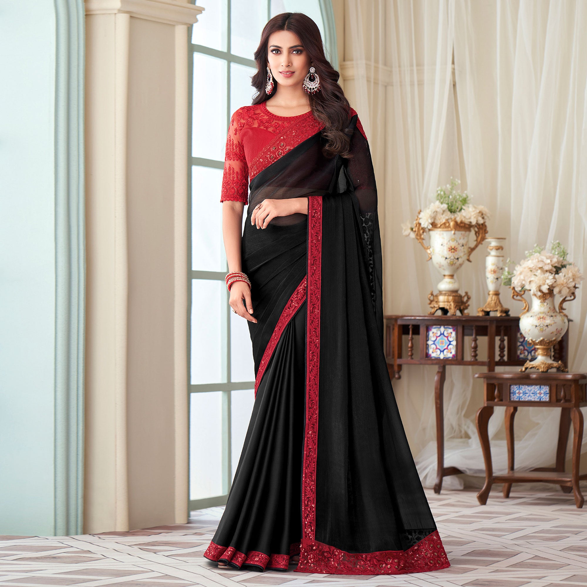 Black Sequins Embroidered Georgette Saree