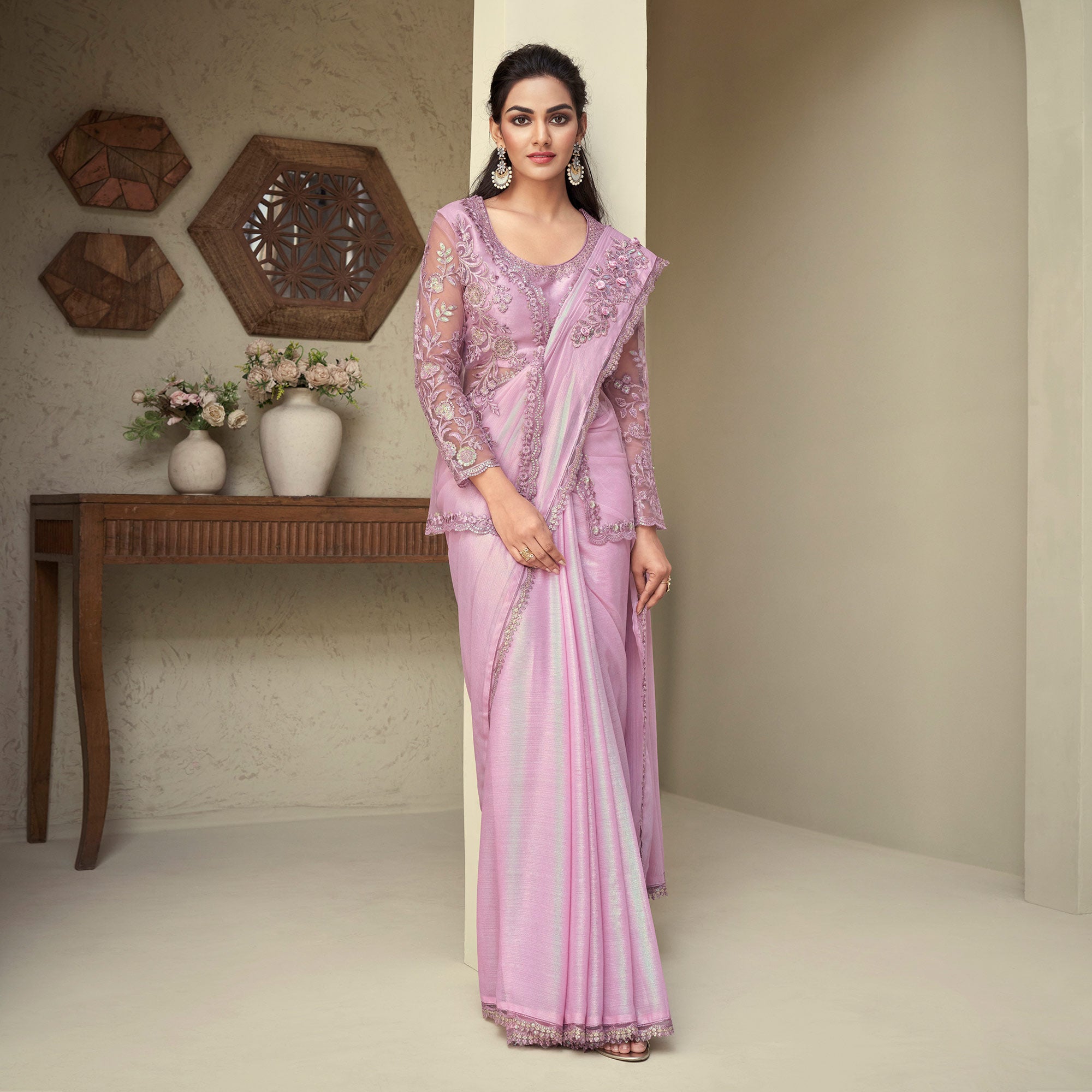 Light Pink Sequins Embroidered Georgette Saree