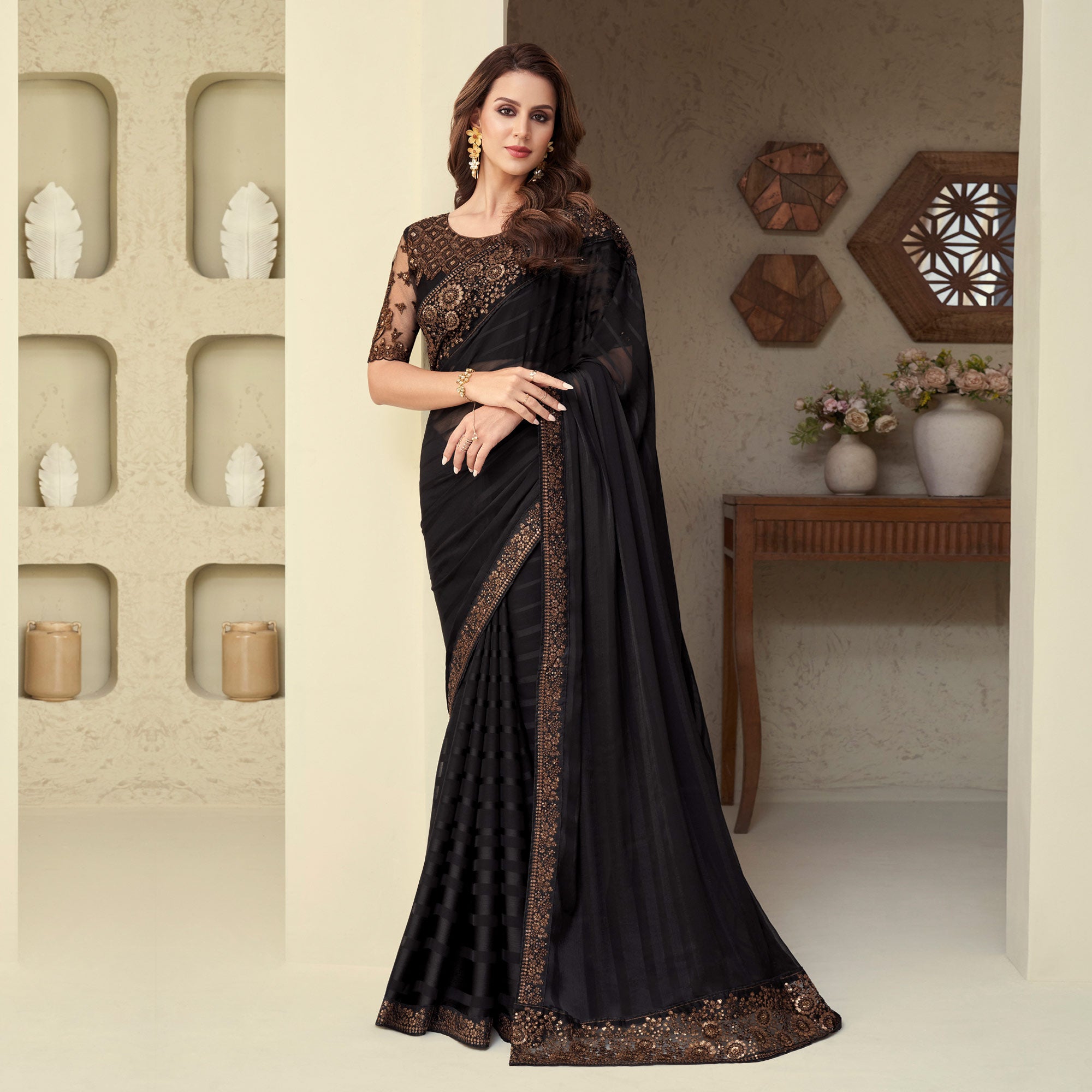 Black Sequins Embroidered Georgette Saree