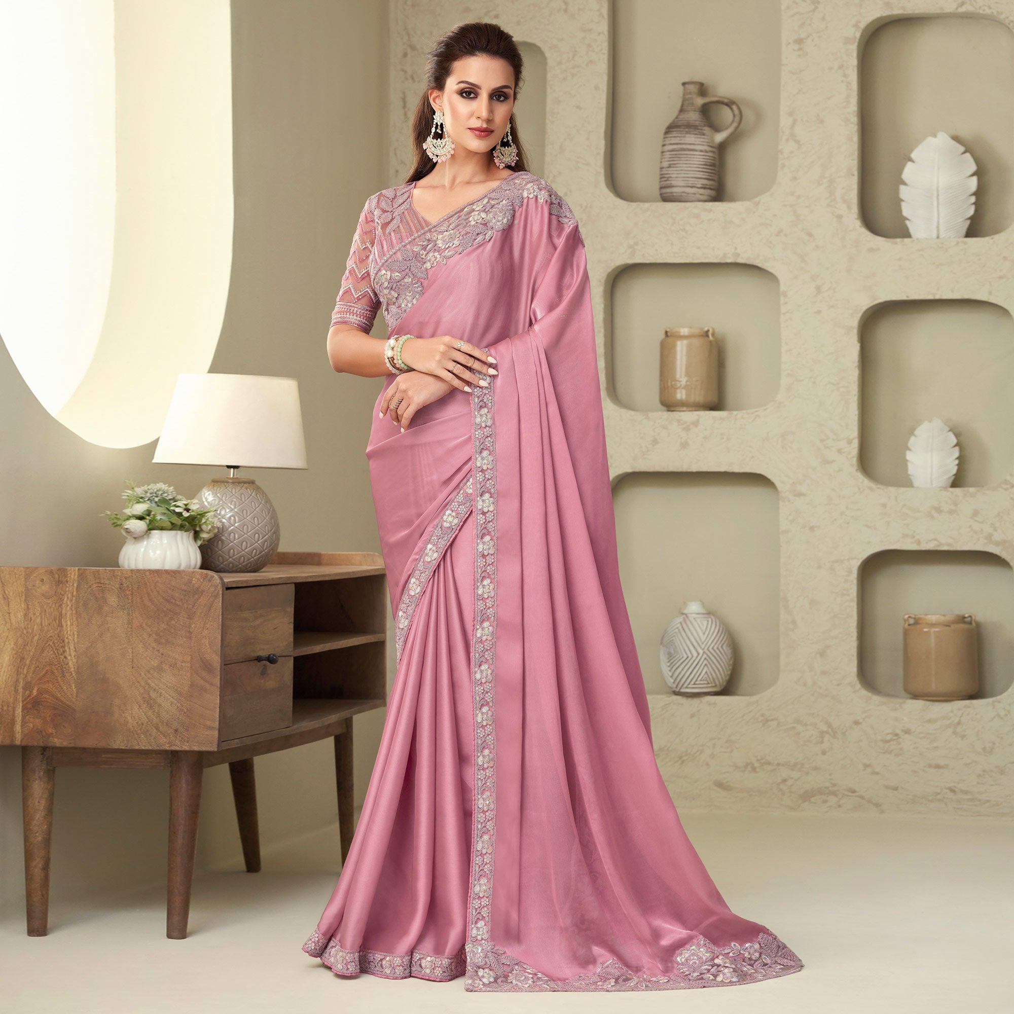 Dusty Pink Sequins Embroidered Georgette Saree