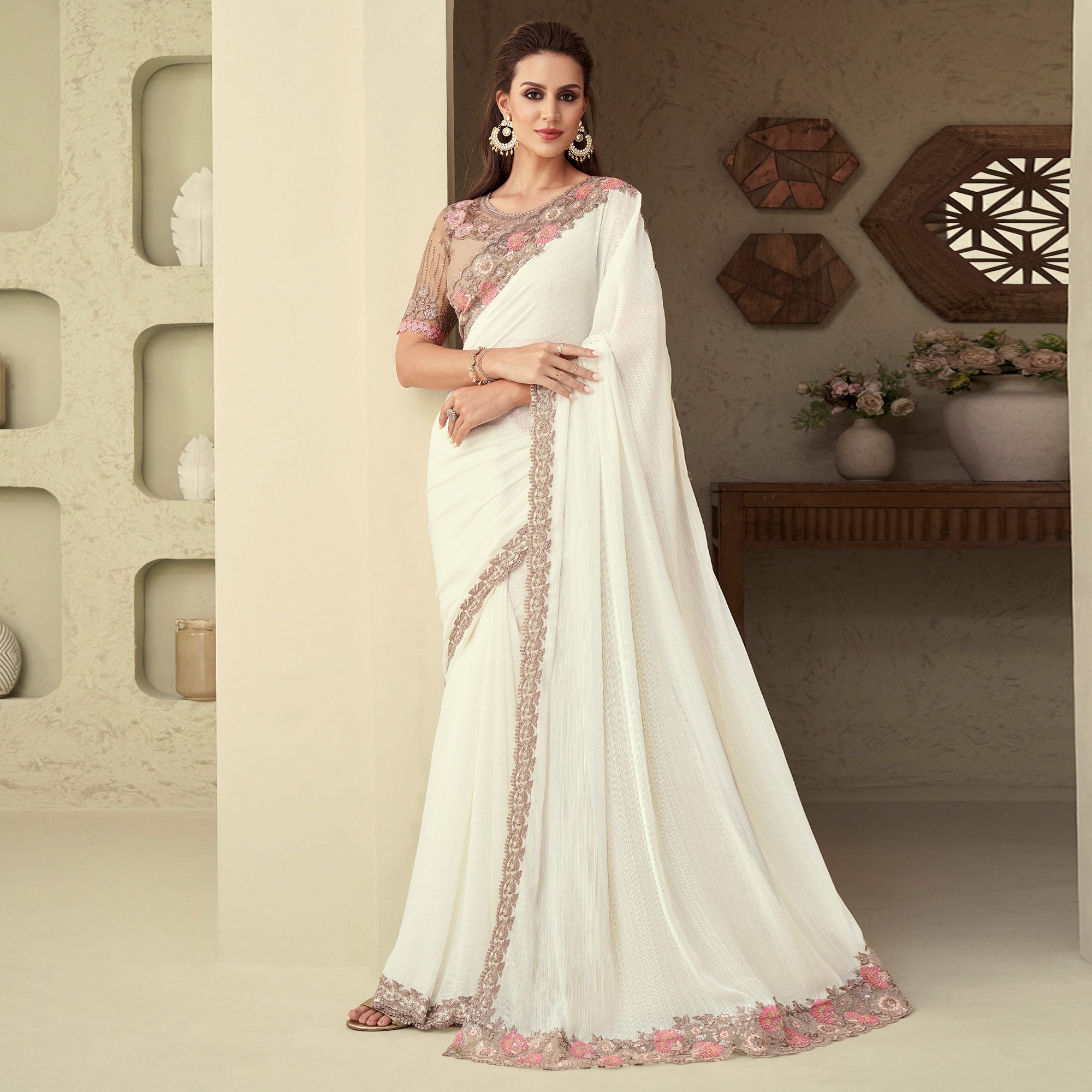 Off White Sequins Embroidered Georgette Saree