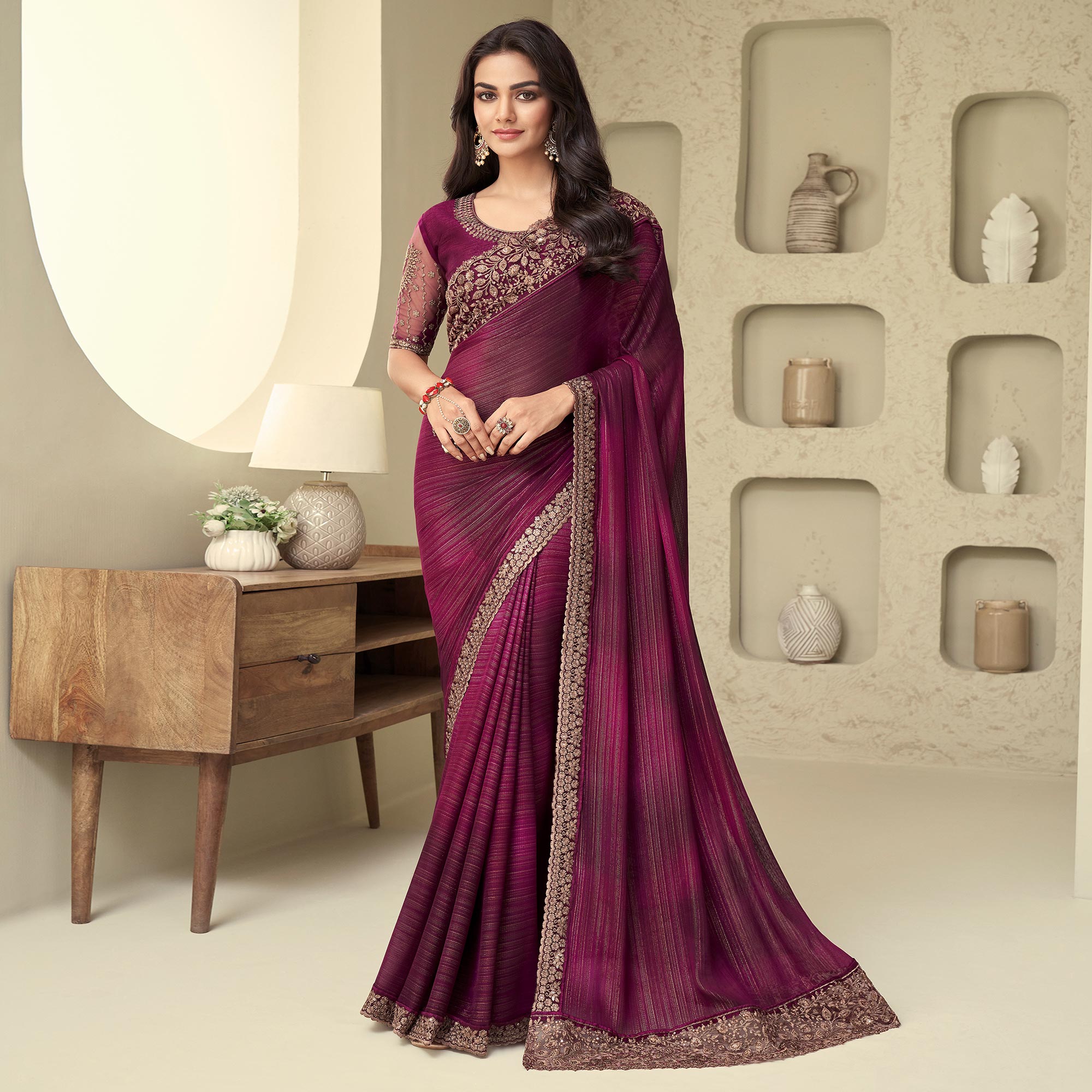 Wine Sequins Embroidered Georgette Saree