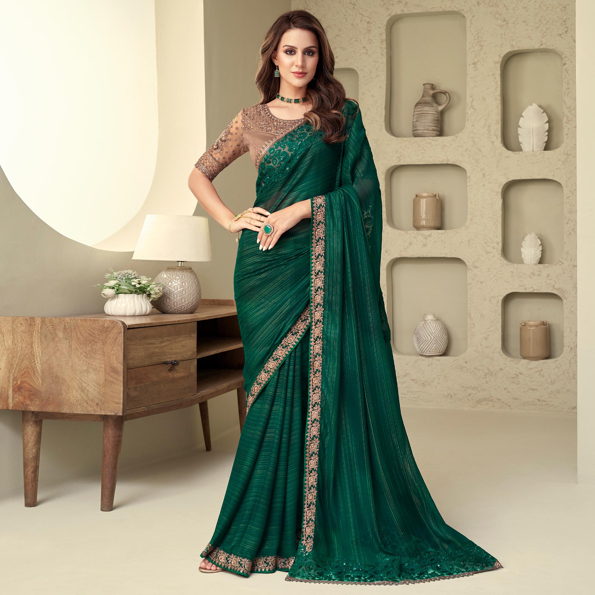 Green Sequins Embroidered Georgette Saree