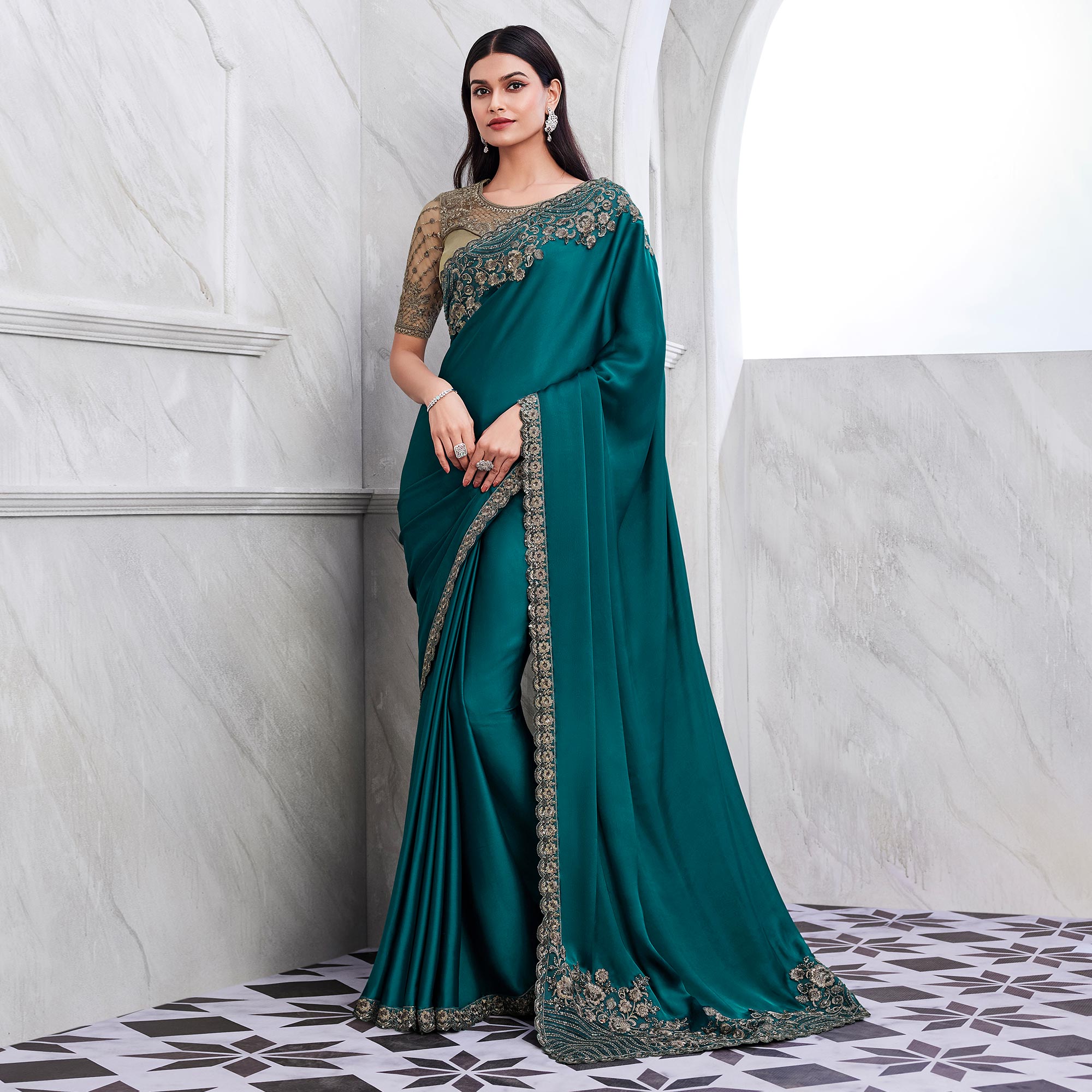 Teal Floral Sequins Embroidered Georgette Saree