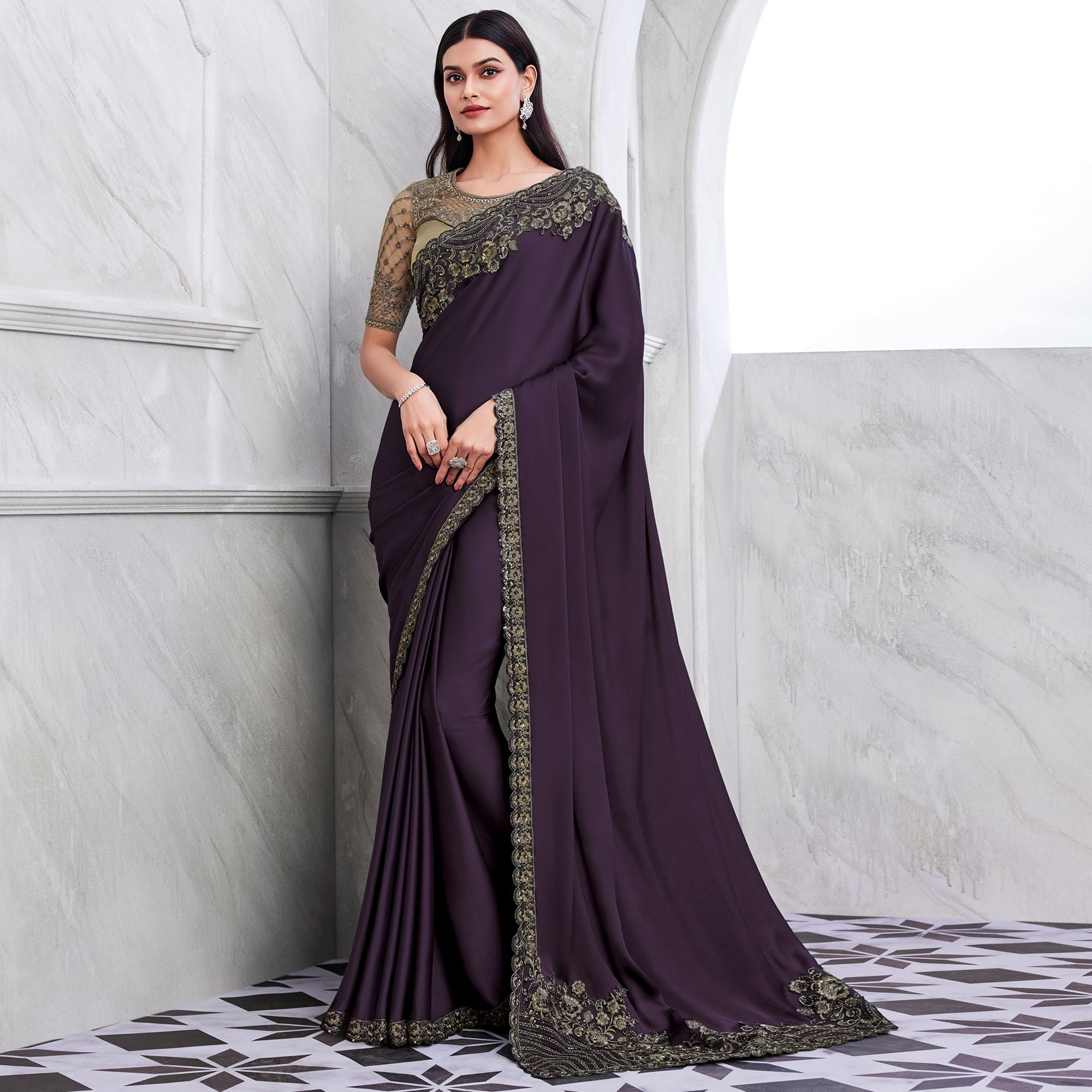 Purple Floral Sequins Embroidered Georgette Saree