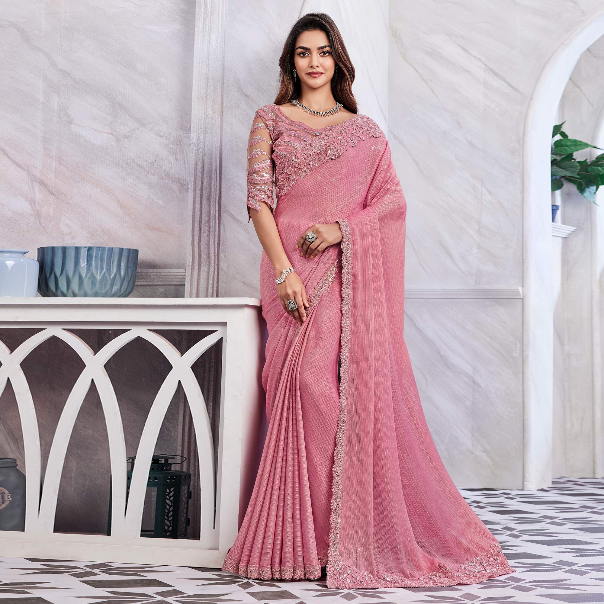 Dusty Pink Floral Sequins Embroidered Georgette Saree