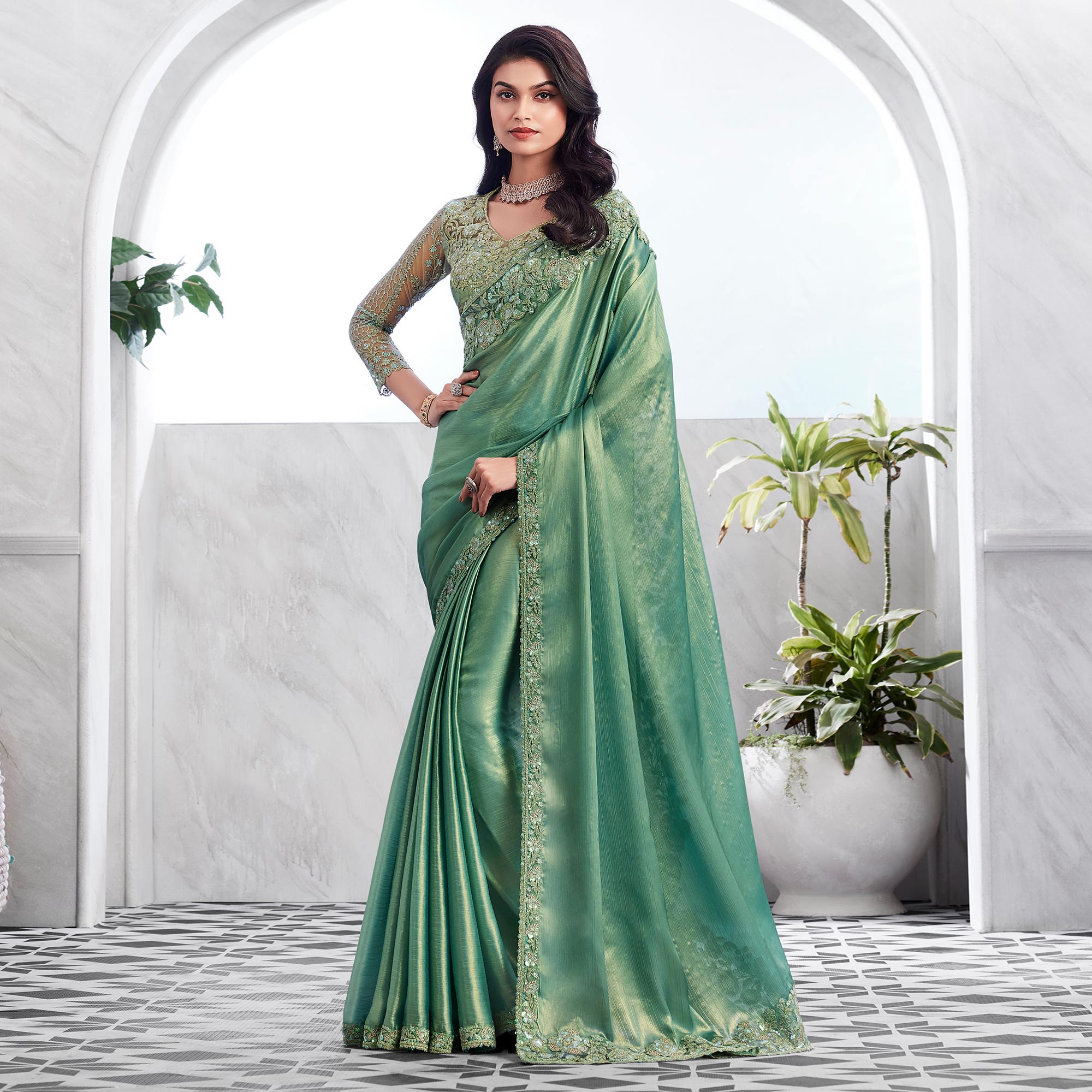 Dusty Green Floral Sequins Embroidered Chiffon Saree