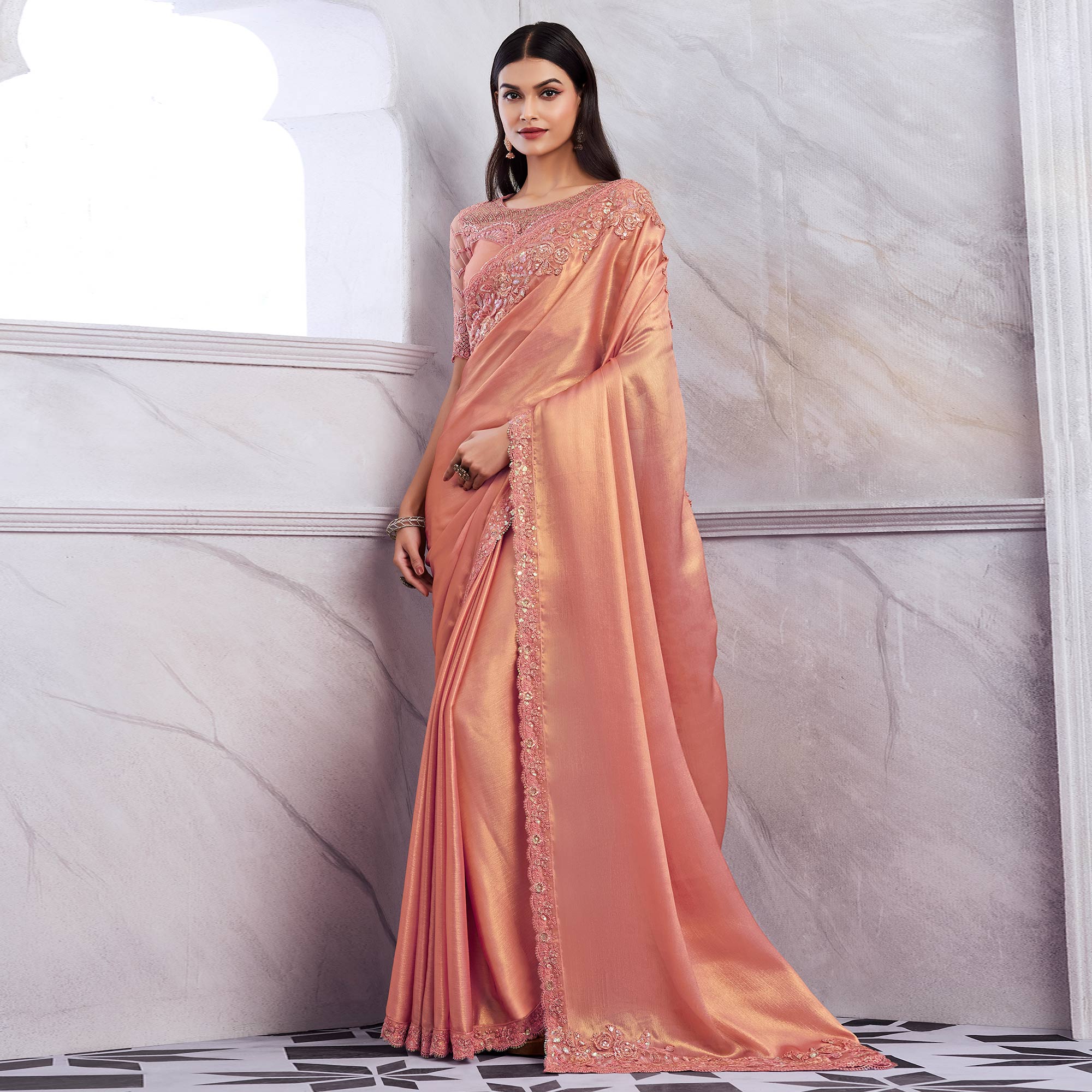 Peach Floral Sequins Embroidered Chiffon Saree