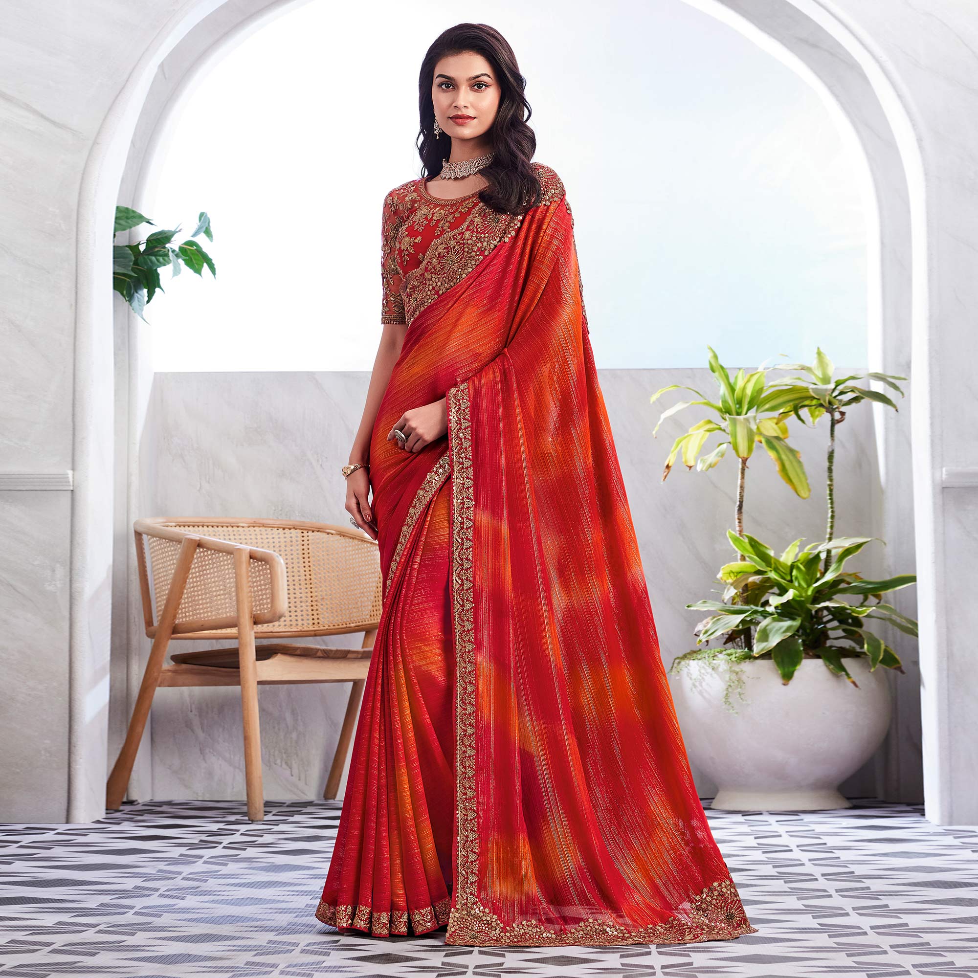 Red & Orange Floral Sequins Embroidered Chiffon Saree