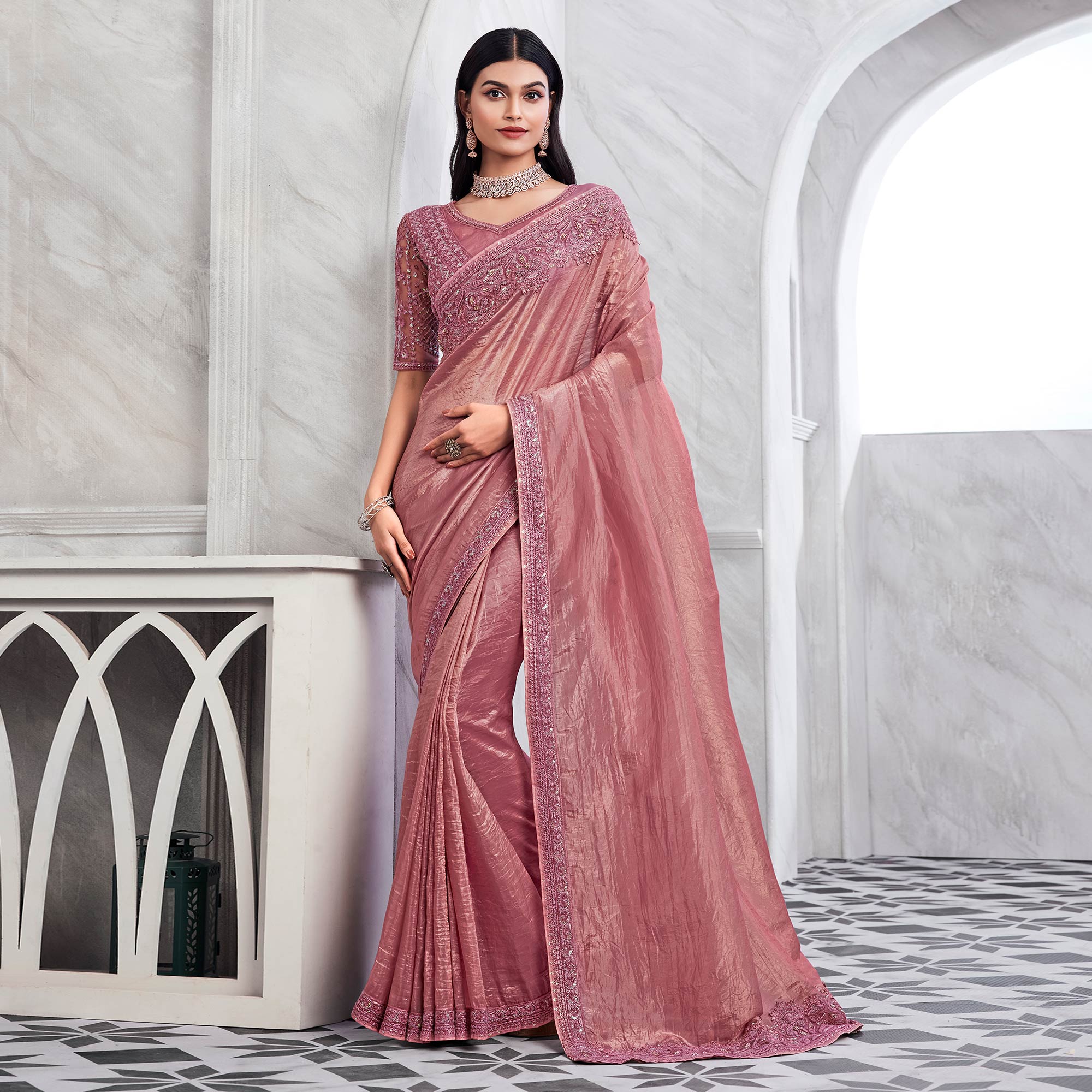 Mauve Floral Sequins Embroidered Georgette Saree