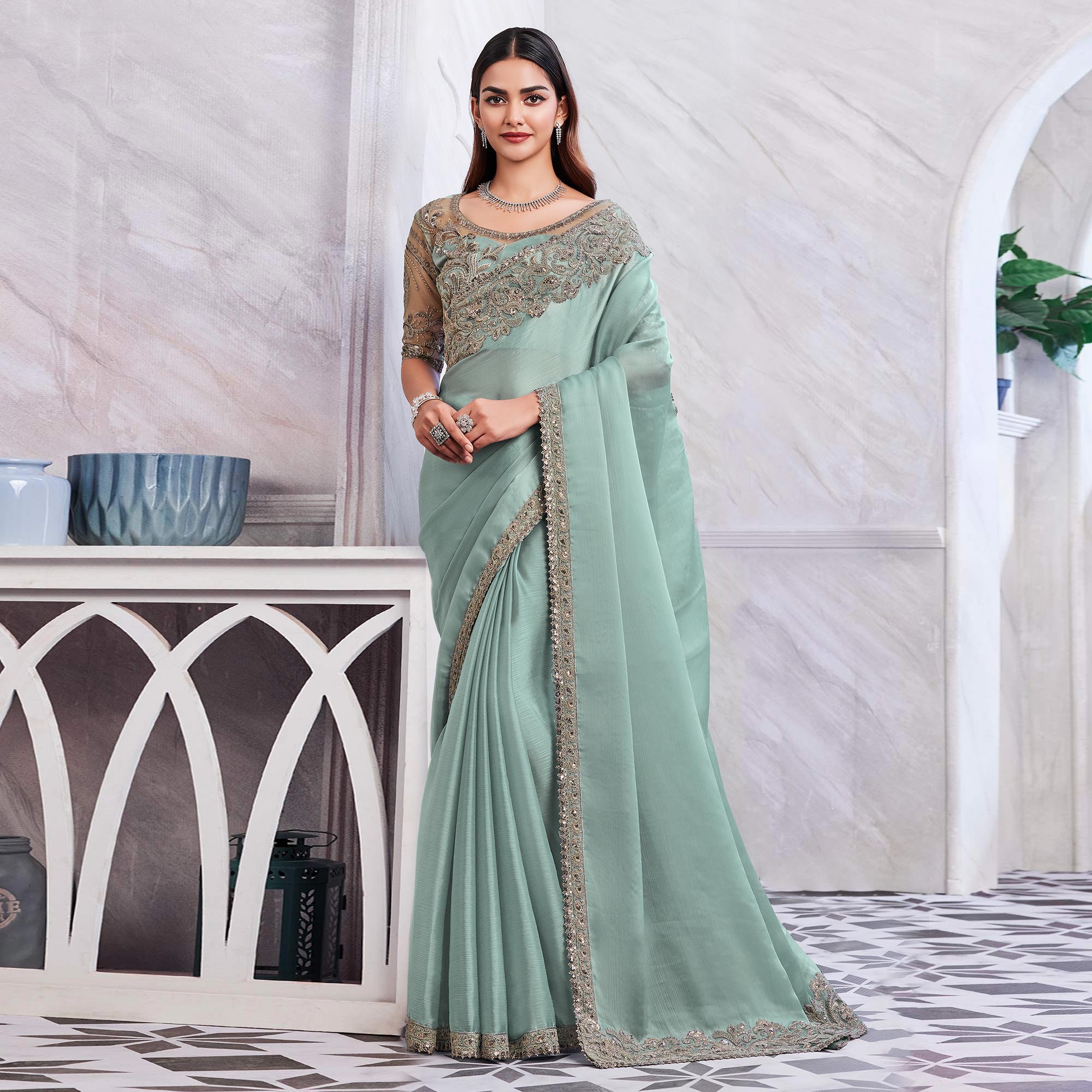 Sea Green Floral Sequins Embroidered Chiffon Saree