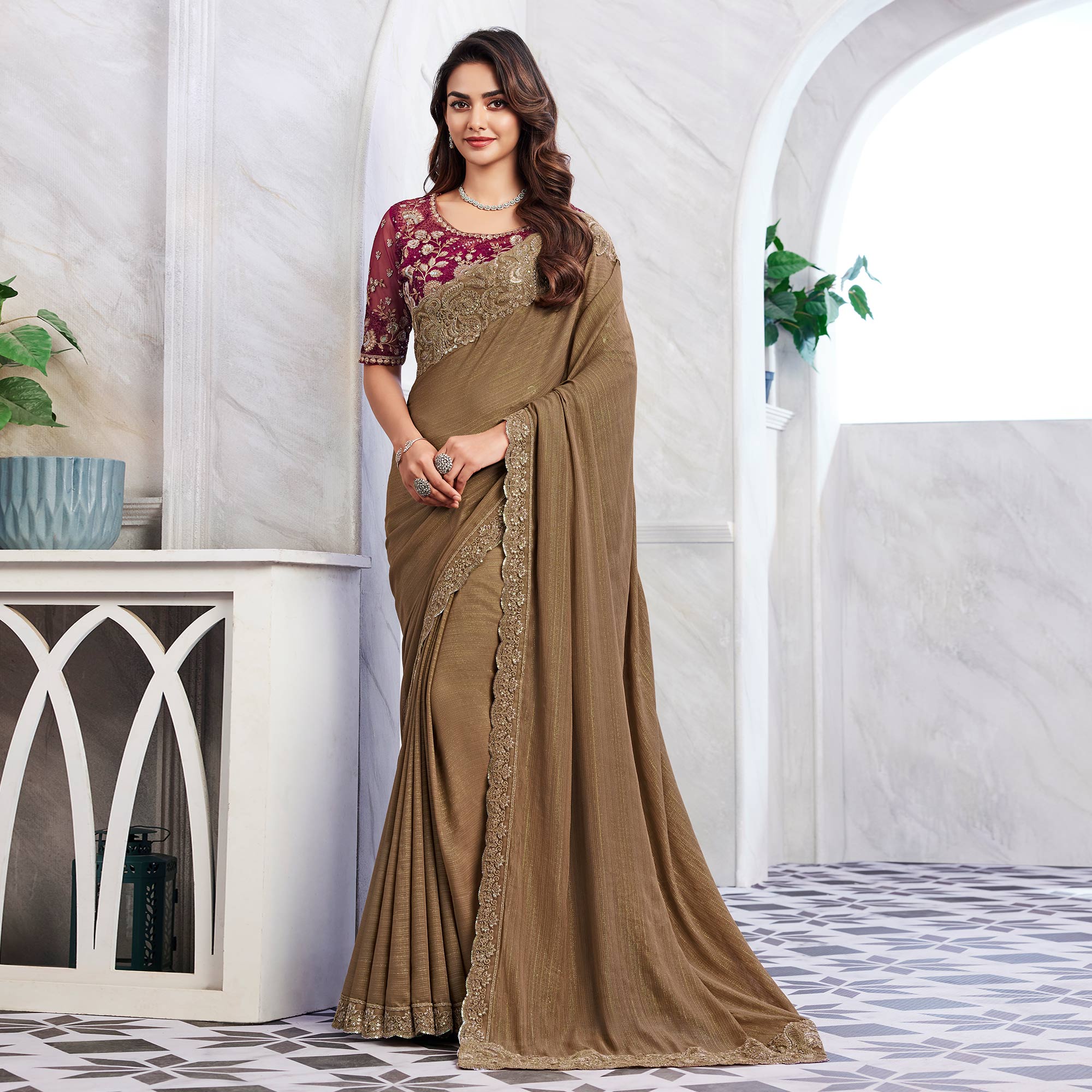 Brown Floral Sequins Embroidered Chiffon Saree