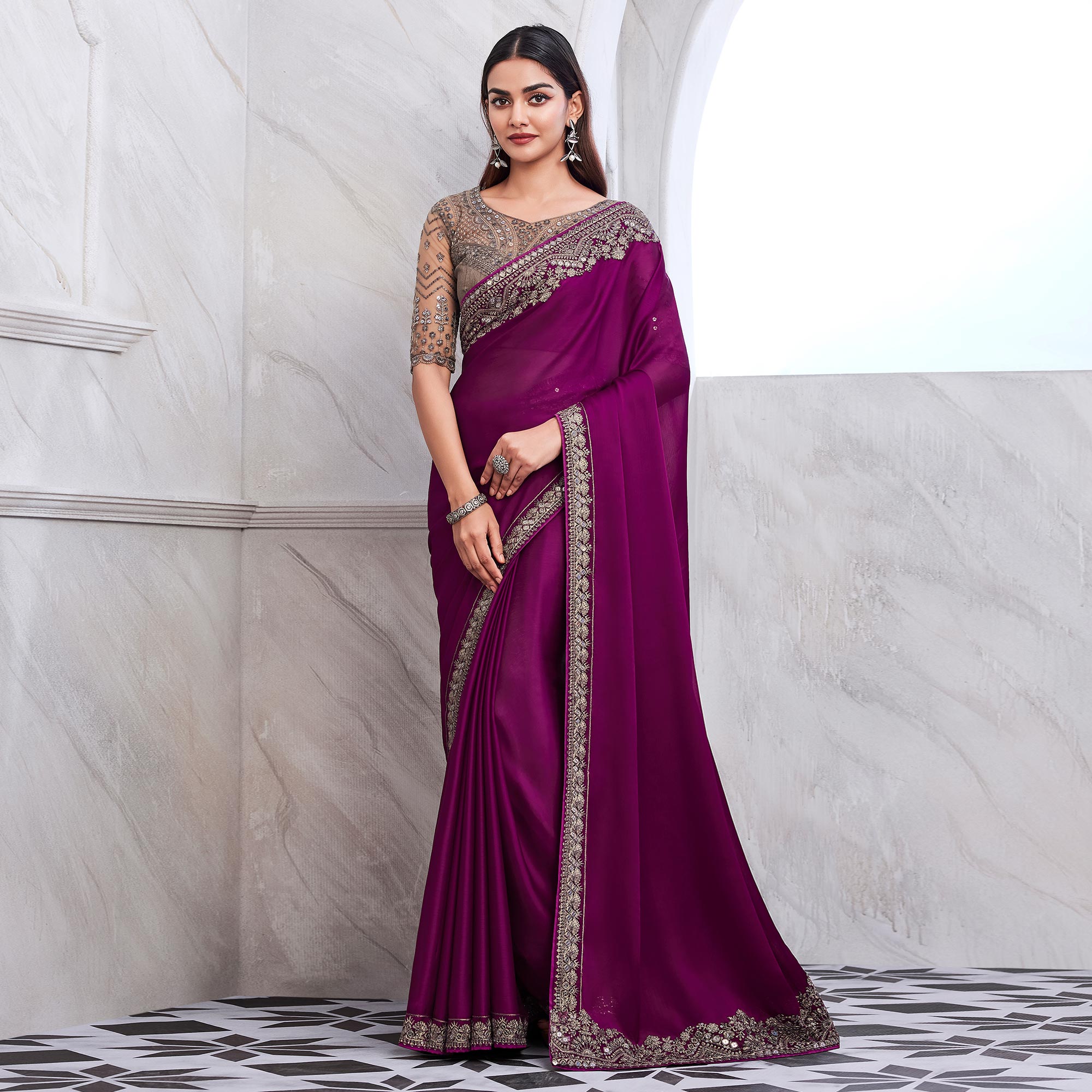 Magenta Floral Sequins Embroidered Satin Saree