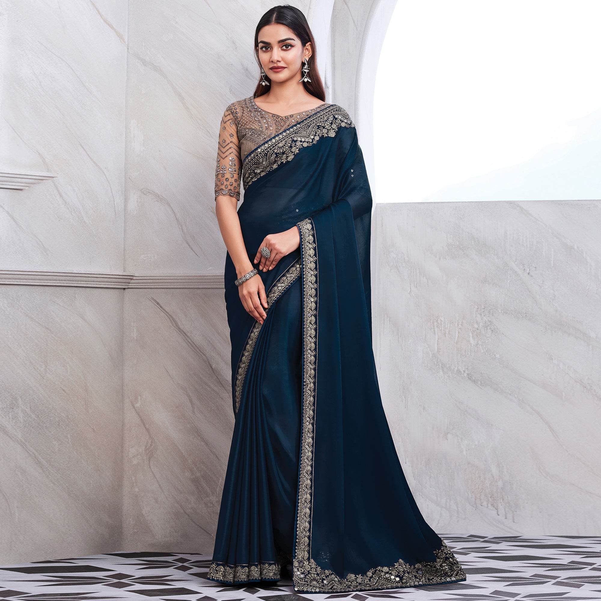 Blue Floral Sequins Embroidered Satin Saree