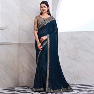 Blue Floral Sequins Embroidered Satin Saree