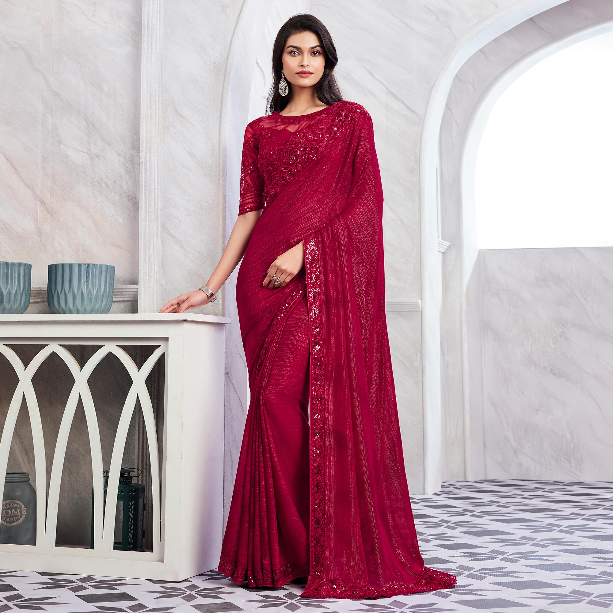 Rani Pink Floral Sequins Embroidered Chiffon Saree