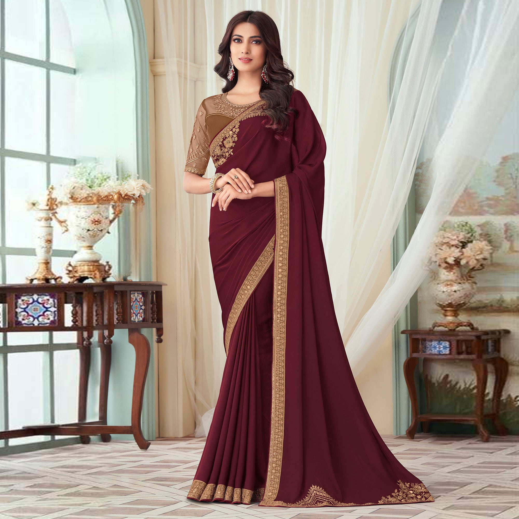 Maroon Floral Sequin Embroidered Crepe Saree