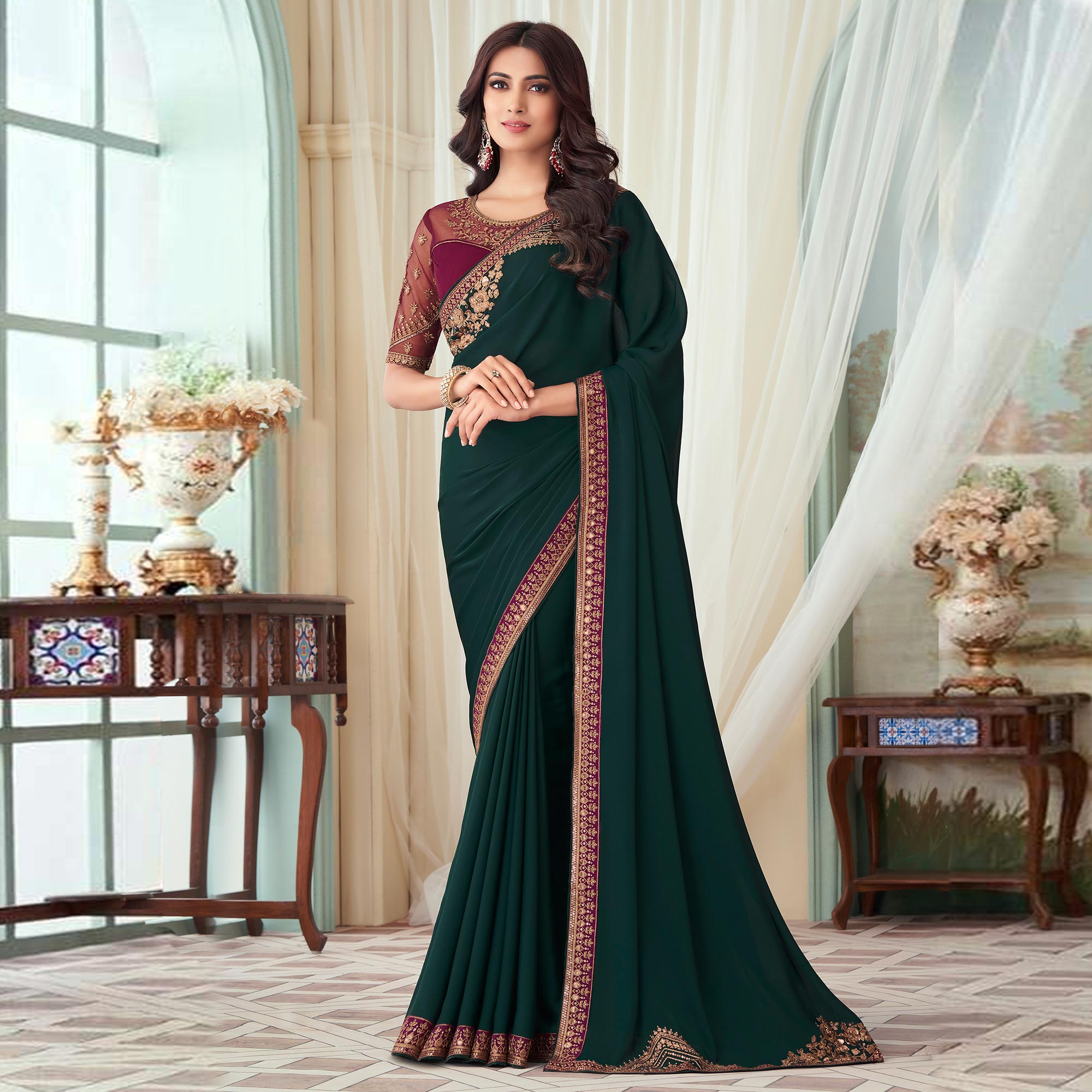 Bottle Green Floral Sequin Embroidered Crepe Saree