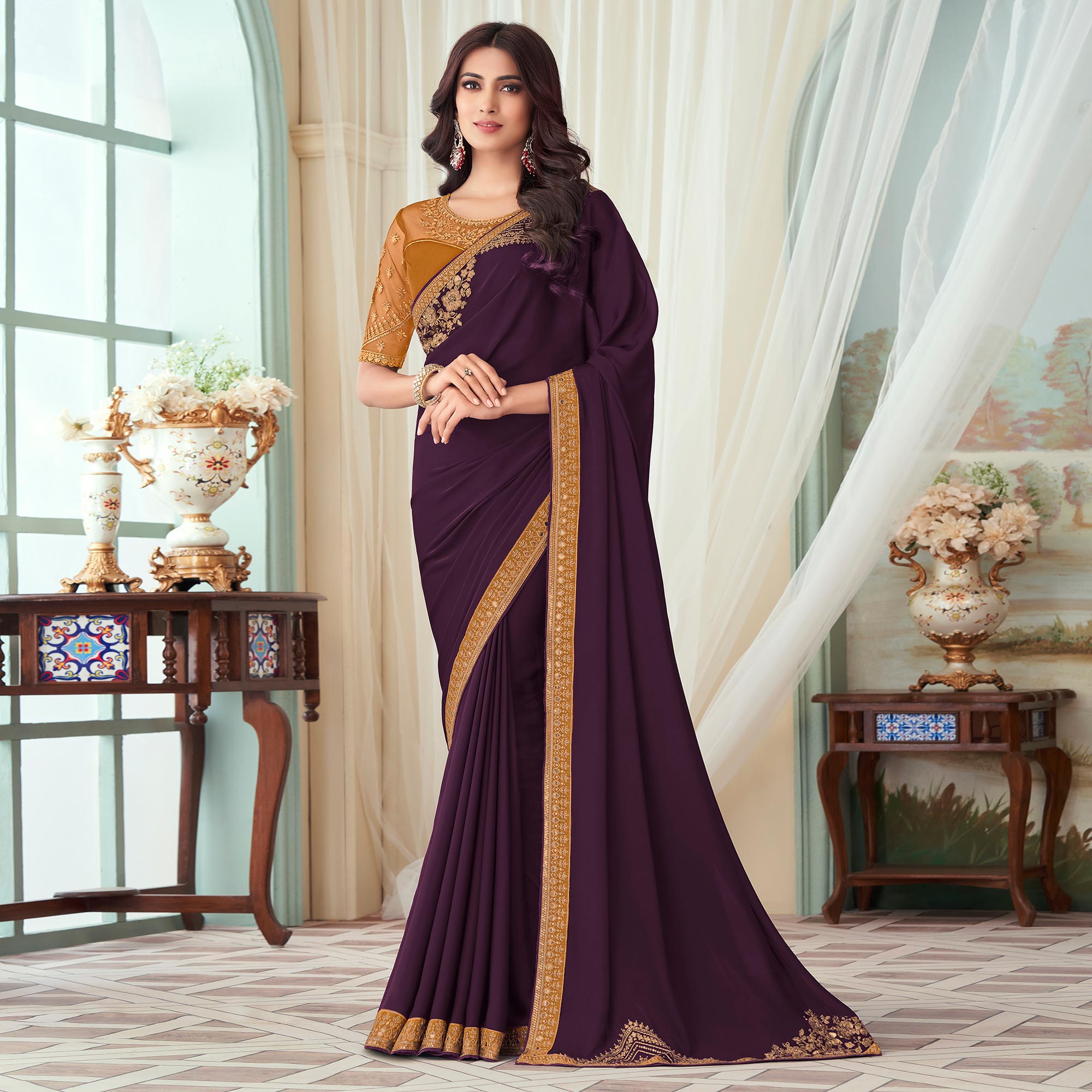 Wine Floral Sequin Embroidered Crepe Saree