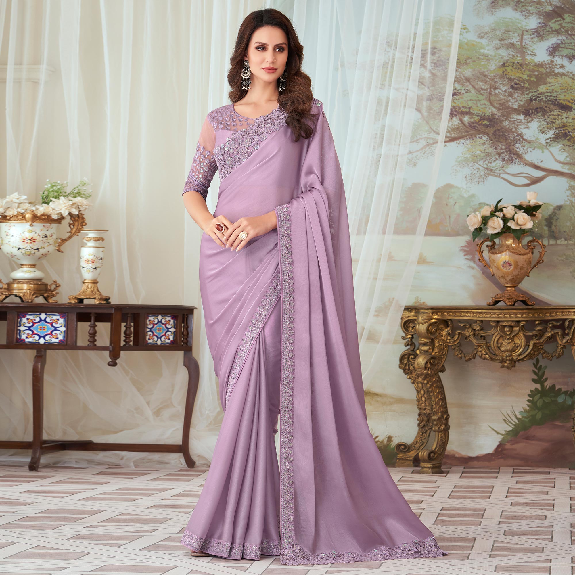 Lavender Floral Sequin Embroidered Satin Saree