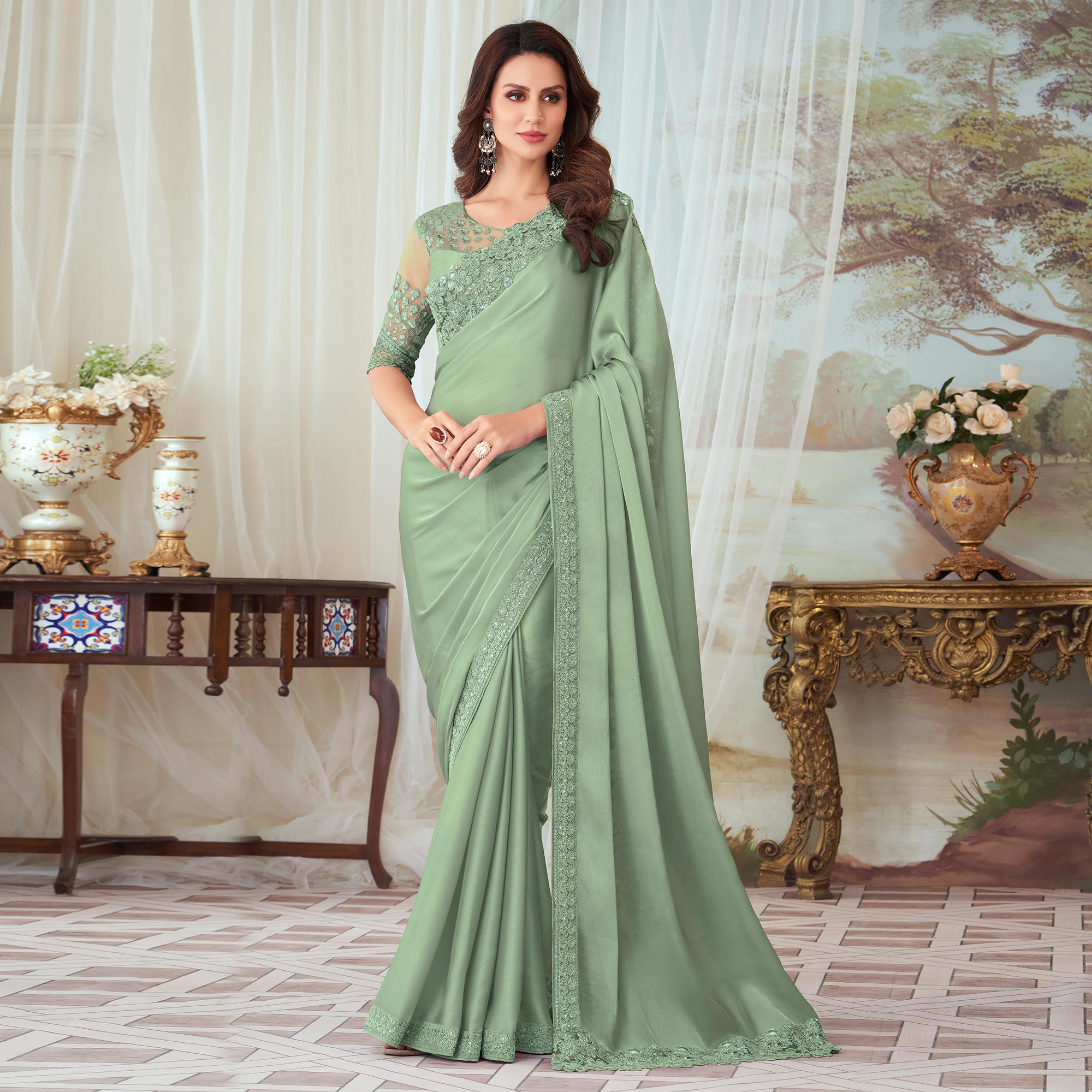 Pista Green Floral Sequin Embroidered Satin Saree