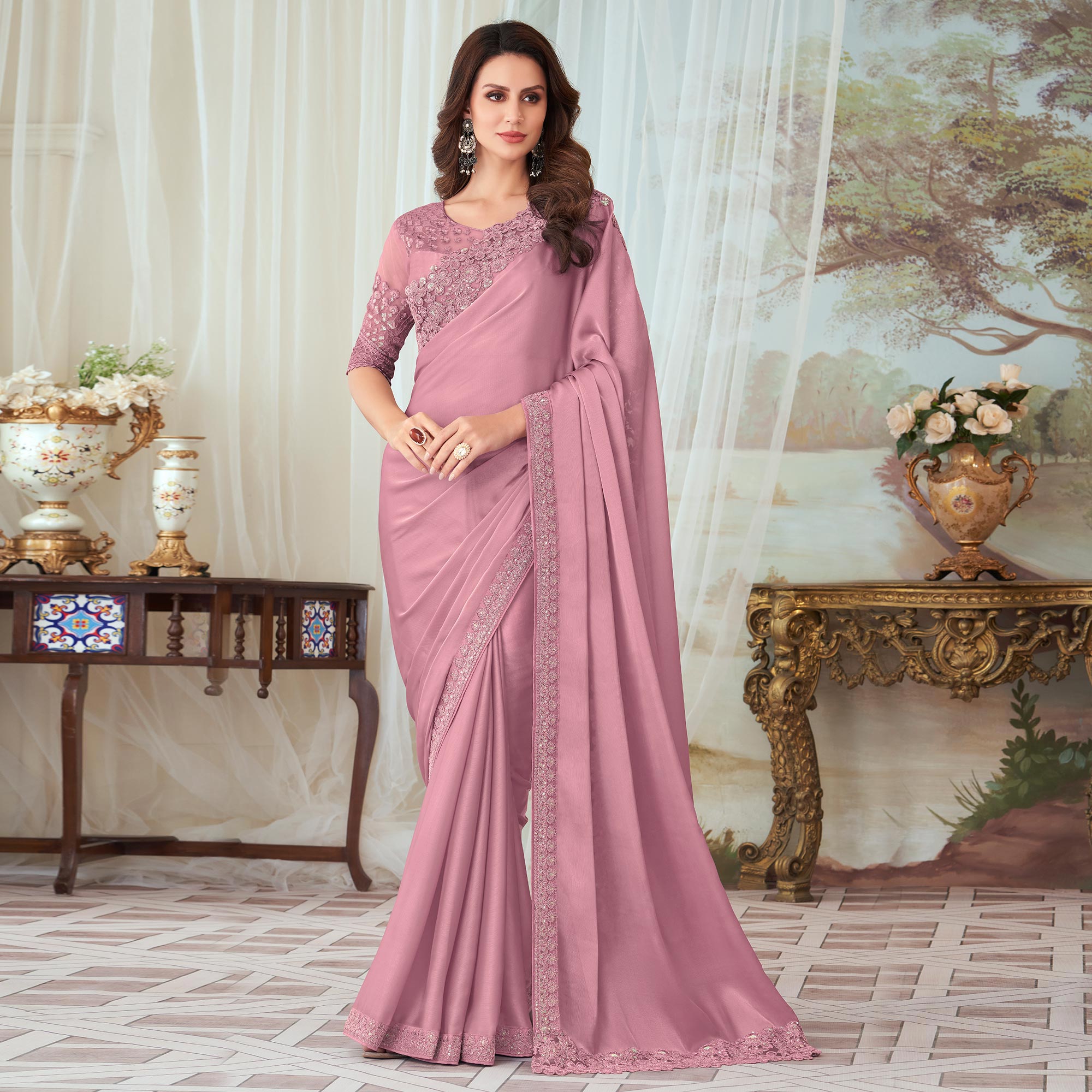 Cream Women Floral Embroidered Satin Saree