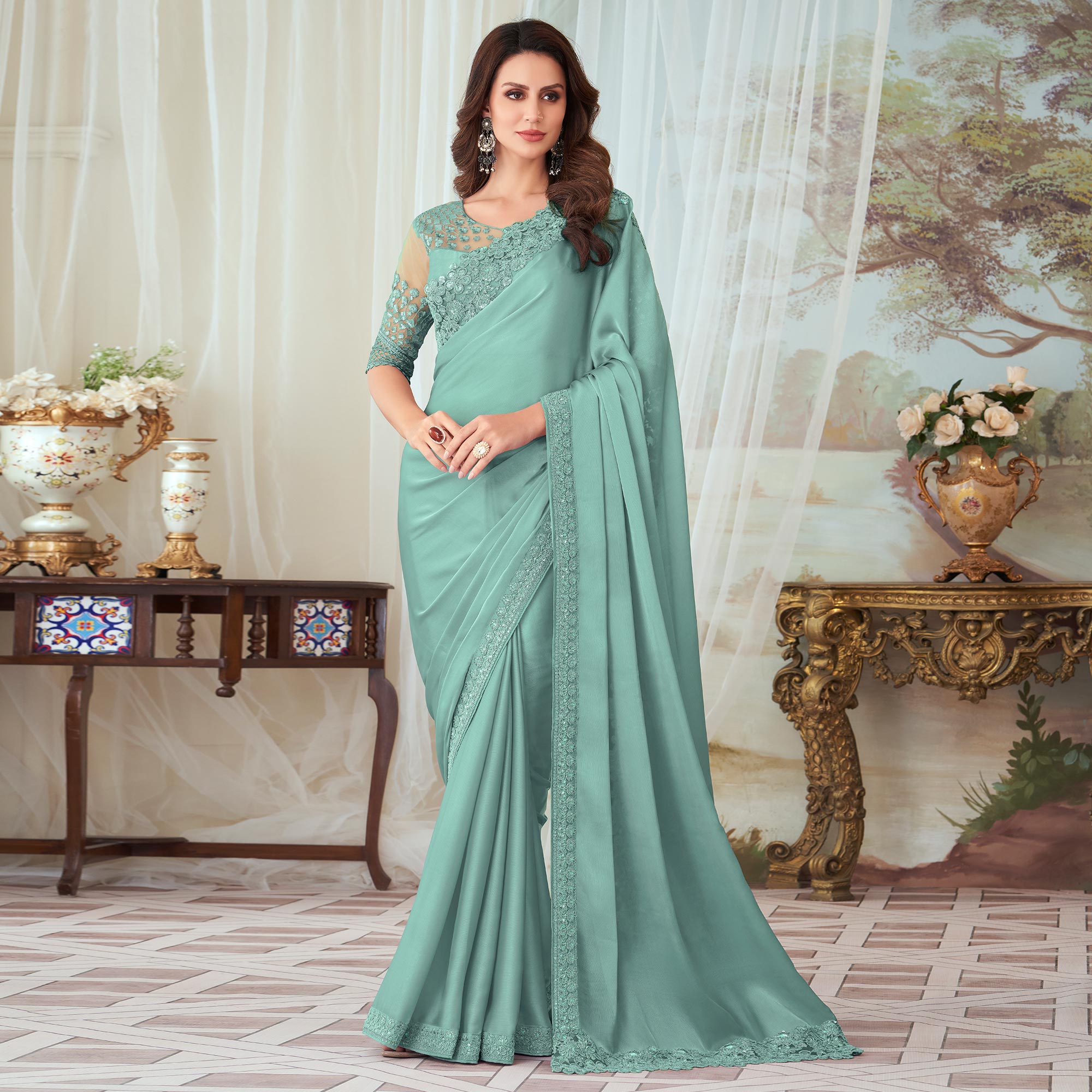 Turqoise Floral Sequin Embroidered Satin Saree