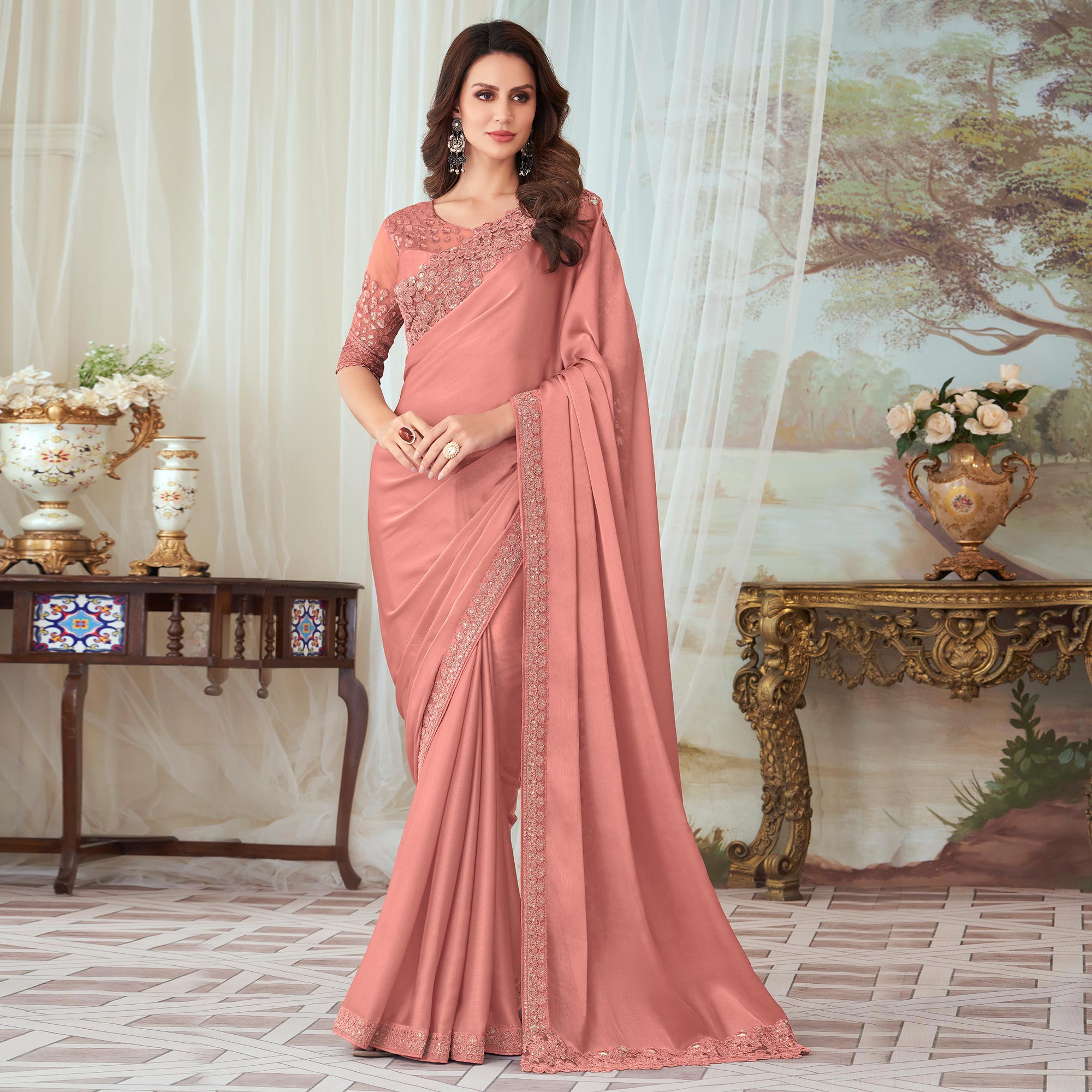 Peach Floral Sequin Embroidered Satin Saree