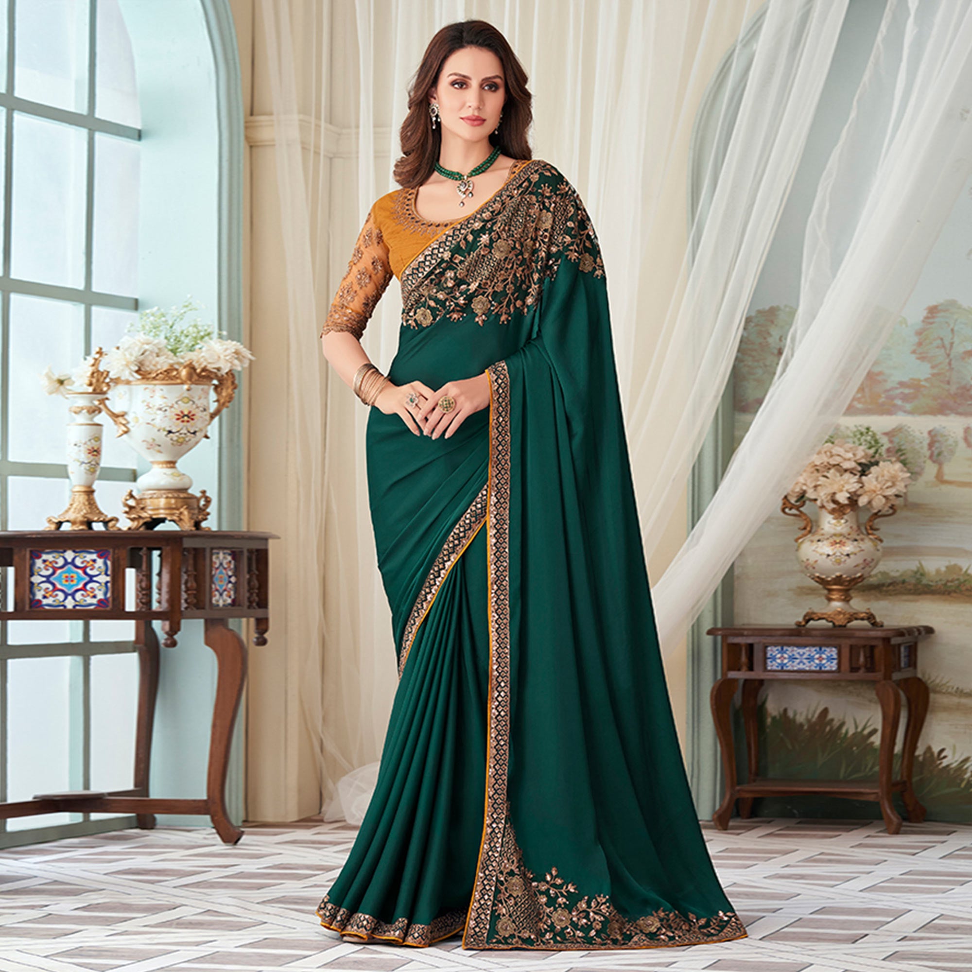 Green Floral Sequin Embroidered Crepe Saree