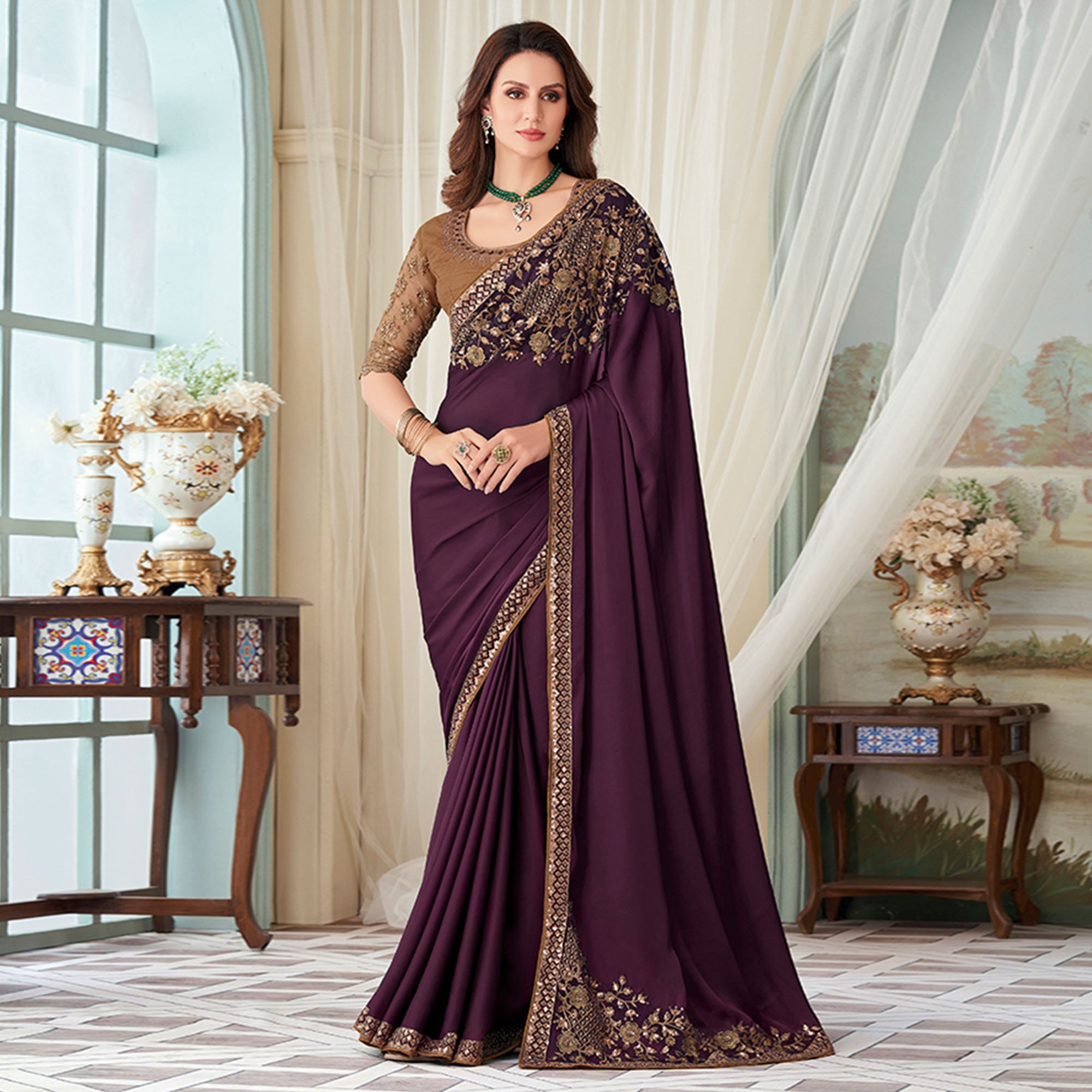 Wine Floral Sequin Embroidered Crepe Saree