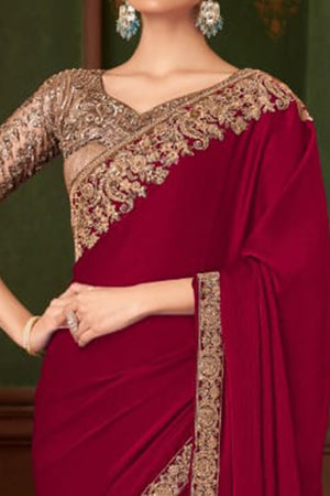 Graceful Maroon Chiffon Saree Showcasing Exquisite Floral Thread Embroidery & Sequins Work