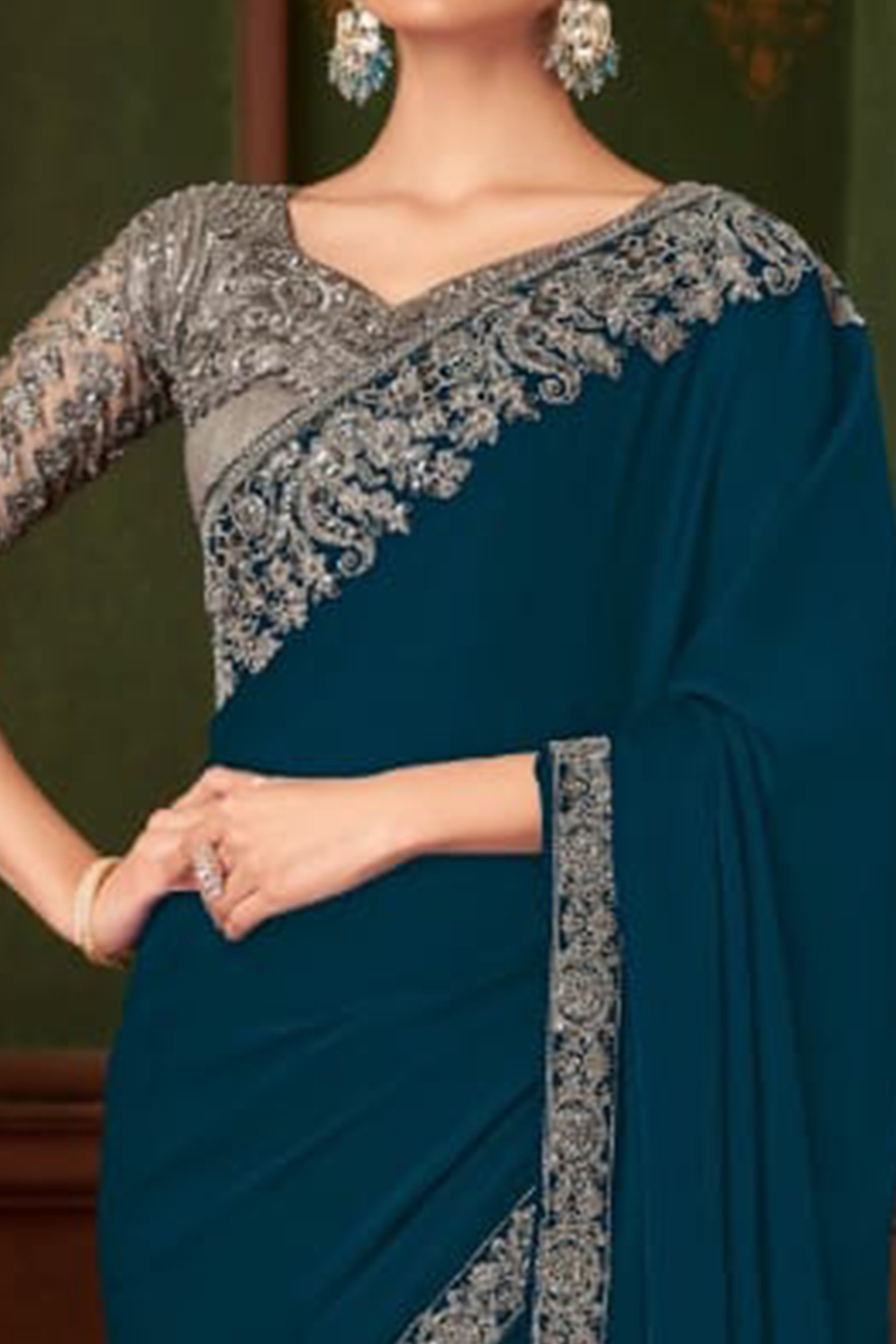 Graceful Blue Chiffon Saree Showcasing Exquisite Floral Thread Embroidery & Sequins Work