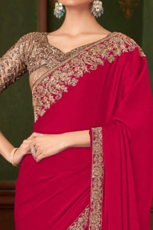 Graceful Rose Pink Chiffon Saree Showcasing Exquisite Floral Thread Embroidery & Sequins Work