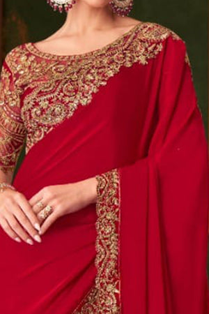 Charming Red Floral & Paisley Embroidered Chiffon Saree With Sparkling Sequins Detailing