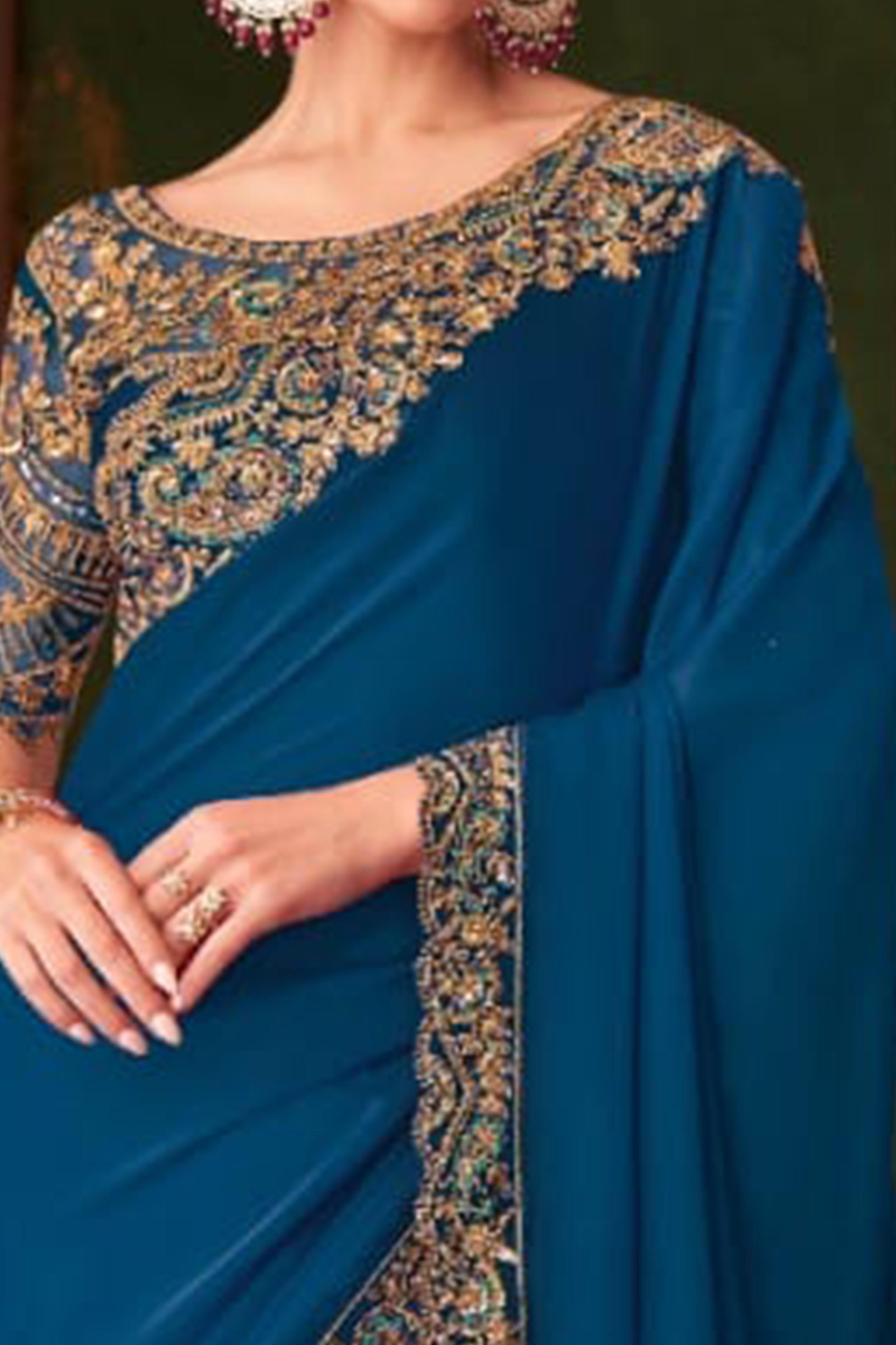 Charming Blue Floral & Paisley Embroidered Chiffon Saree With Sparkling Sequins Detailing