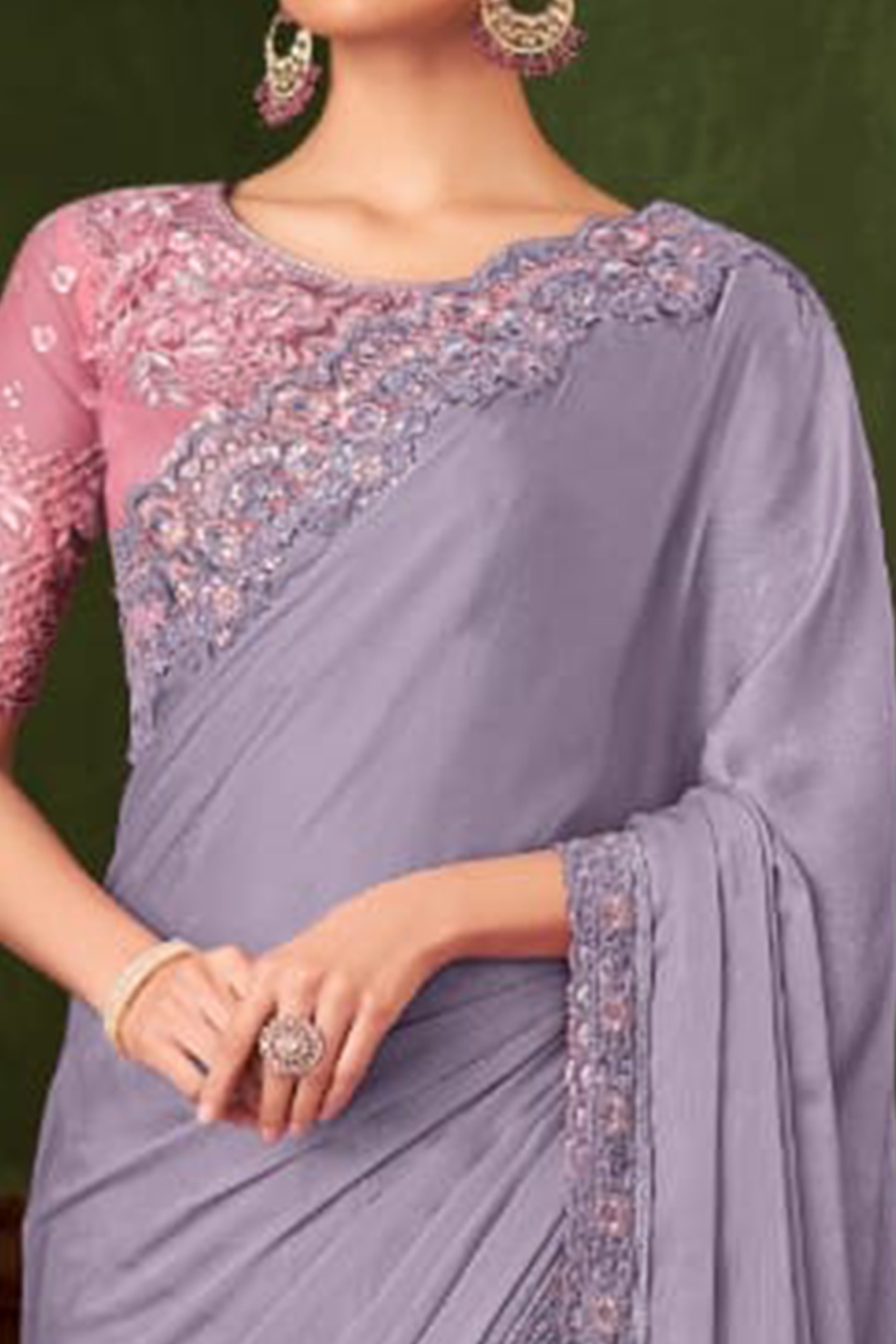 Elegant Lavender Floral Thread Embroidered Chiffon Saree Featuring Sequins Accents