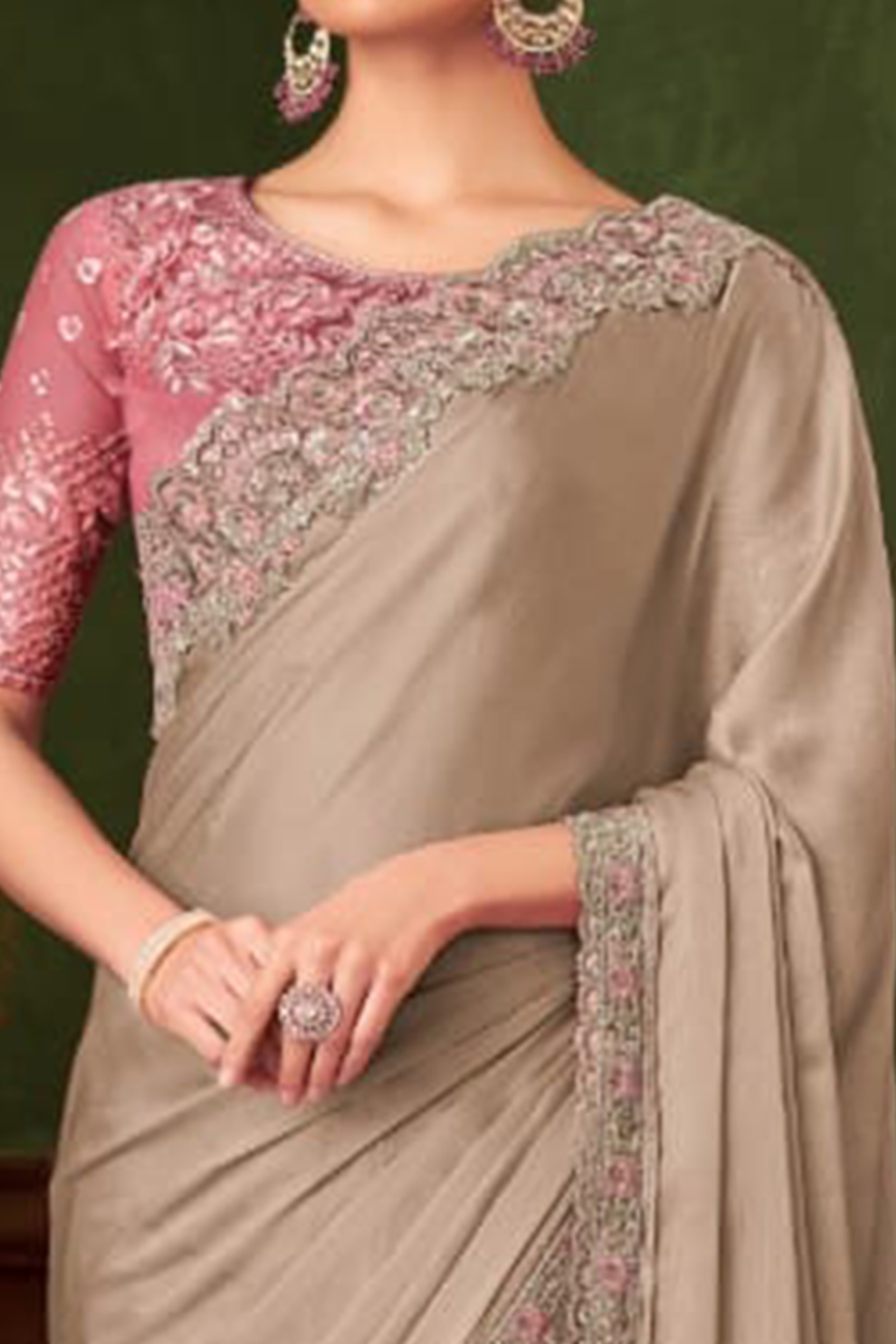 Elegant Beige Floral Thread Embroidered Chiffon Saree Featuring Sequins Accents