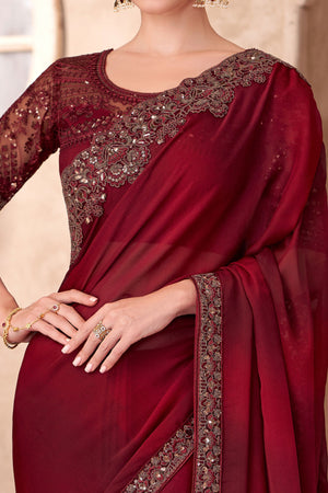 Party Perfect Maroon Chiffon Saree with Shimmering Sequin and Thread Embroidery