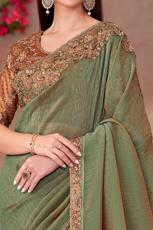 Party Perfect Pista Green Georgette Saree with Shimmering Sequin and Thread Embroidery