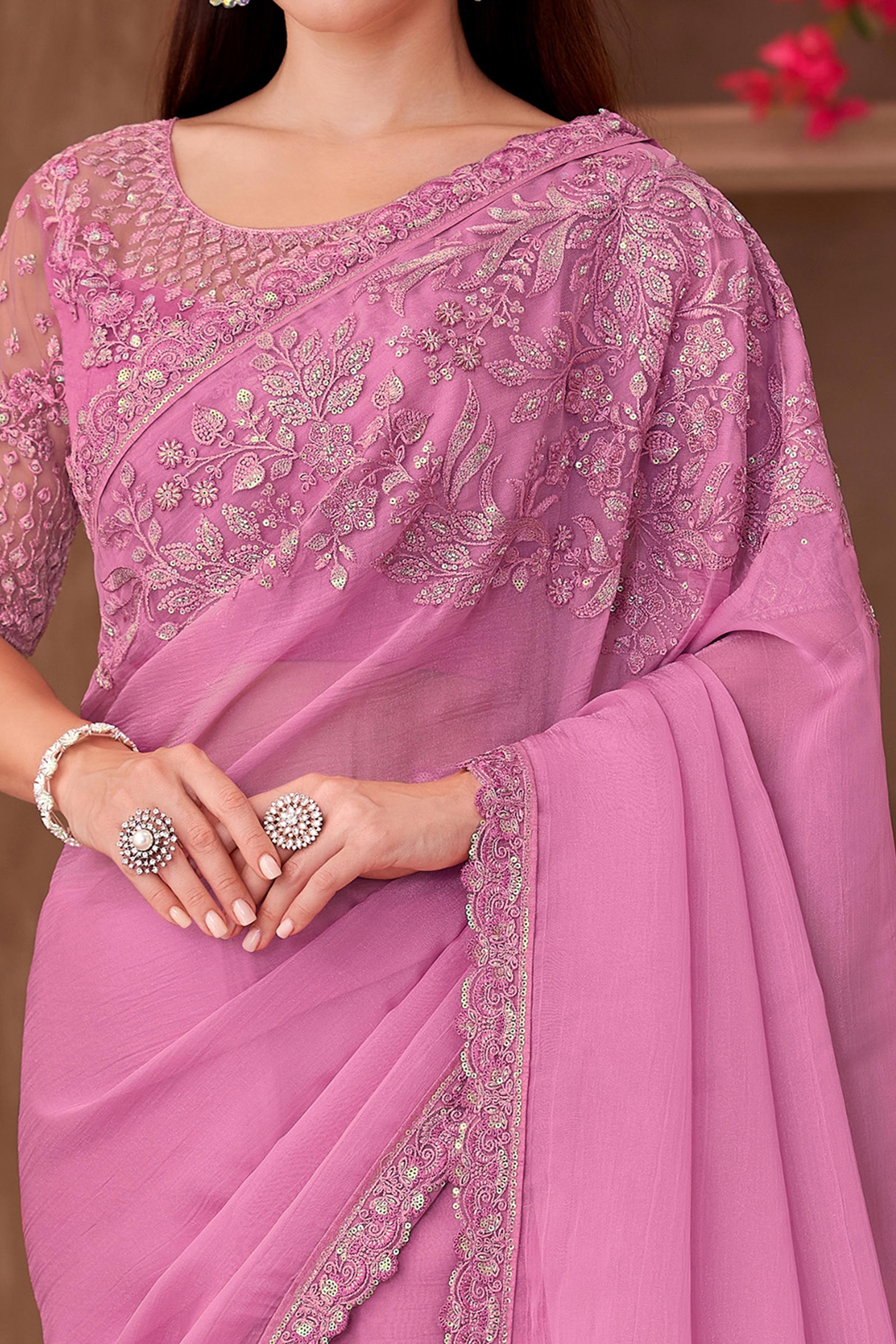 Party Perfect Pink Chiffon Saree with Shimmering Sequin and Thread Embroidery