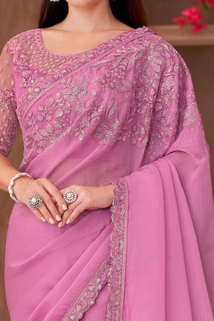 Party Perfect Pink Chiffon Saree with Shimmering Sequin and Thread Embroidery