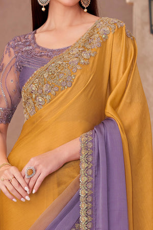 Party Perfect Mustard & Lavender Chiffon Saree with Shimmering Sequin and Thread Embroidery