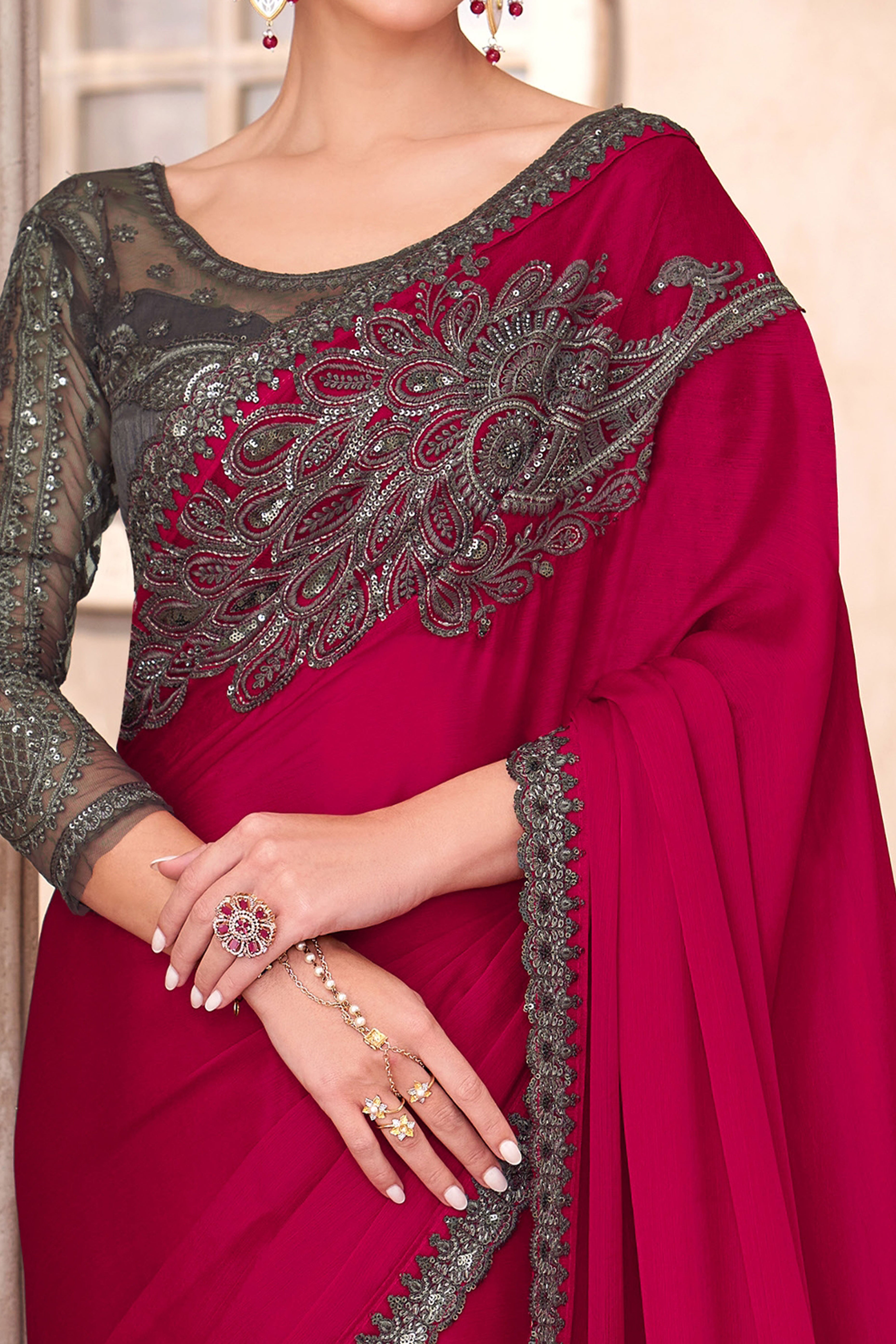 Party Perfect Rose Pink Chiffon Saree with Shimmering Sequin and Thread Embroidery