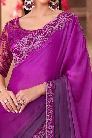 Party Perfect Magenta Chiffon Saree with Shimmering Sequin and Thread Embroidery