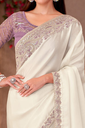 Party Perfect White Georgette Saree with Shimmering Sequin and Thread Embroidery