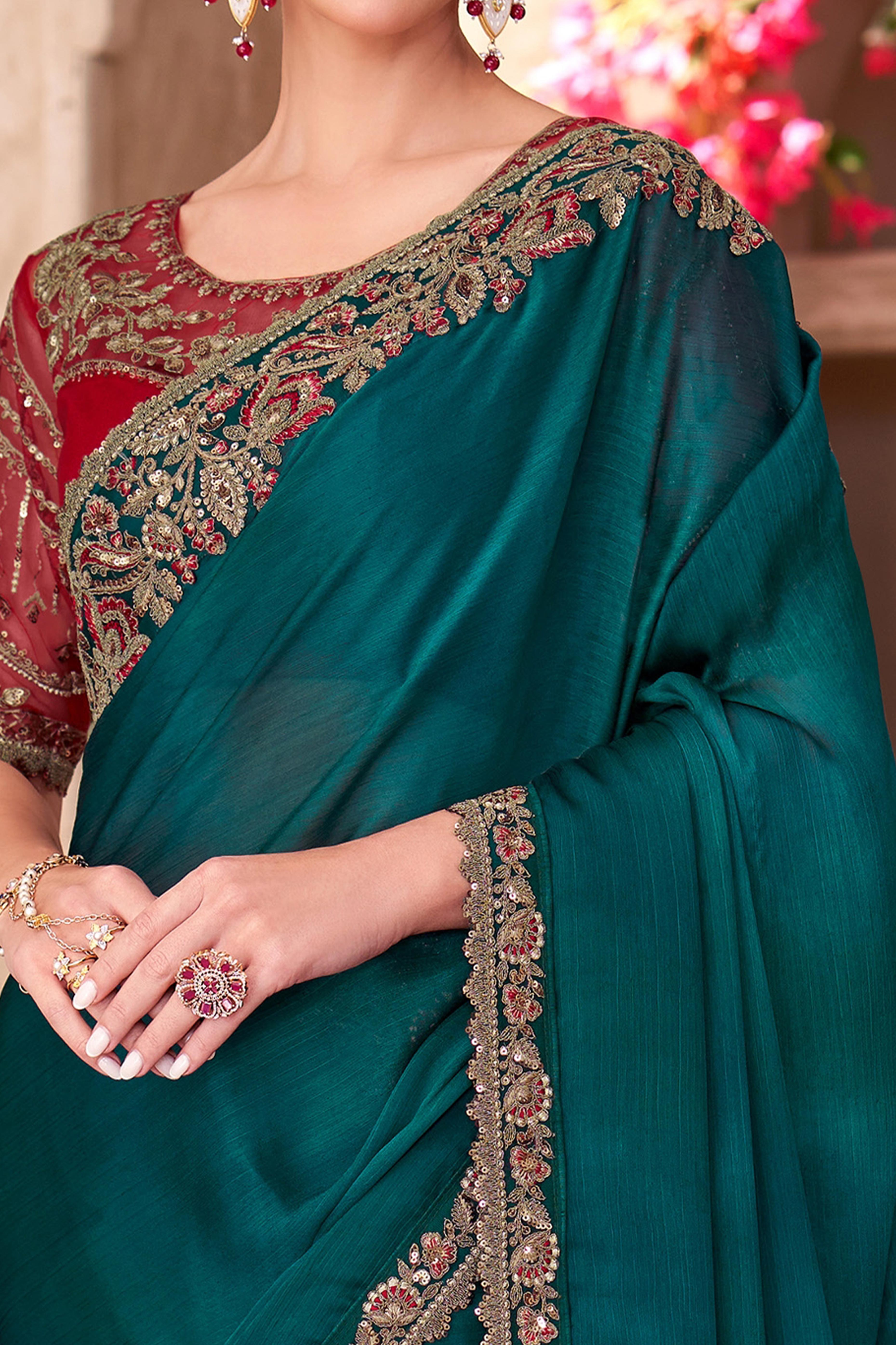Party Perfect Bottle Green Chiffon Saree with Shimmering Sequin and Thread Embroidery