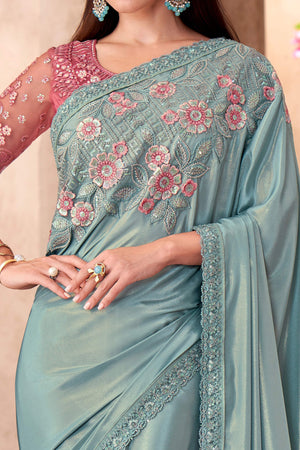 Party Perfect Turquoise Crepe Saree with Shimmering Sequin and Thread Embroidery