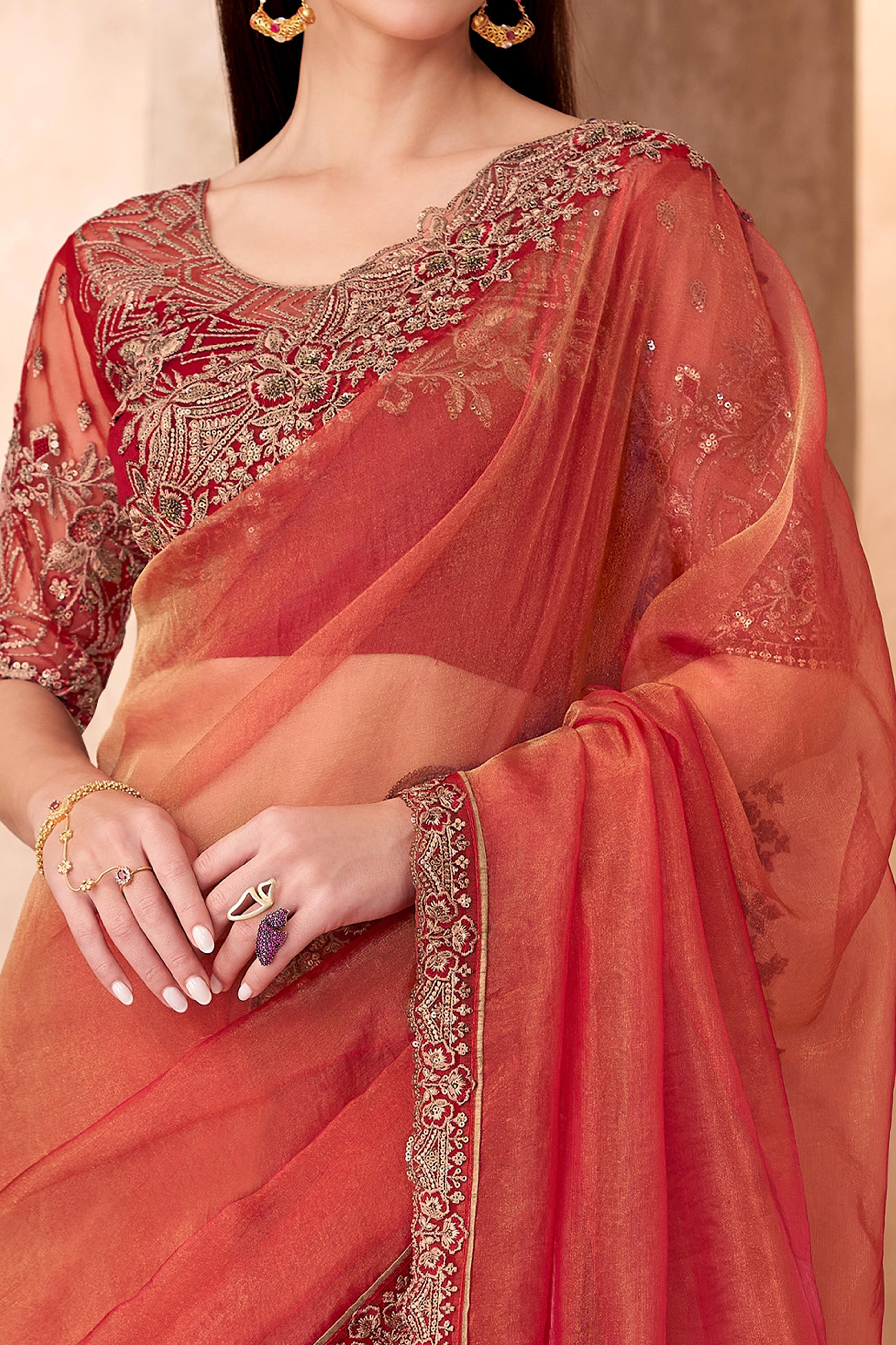 Party Perfect Orange Tissue Saree with Shimmering Sequin and Thread Embroidery